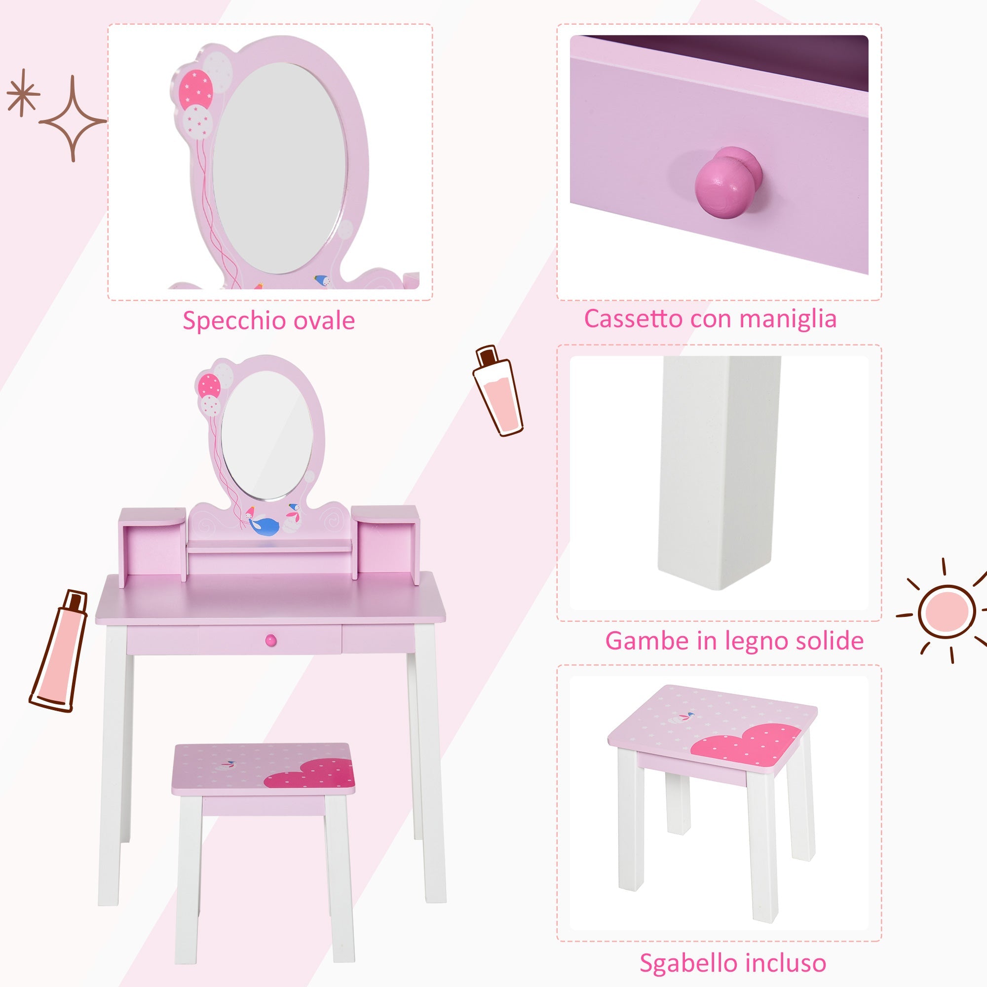 Easycomfort Toeletta per Bambine +3 Anni in Legno, Set Tavolo da Trucco Giocattolo with Specchio e Sgabello, Rosa