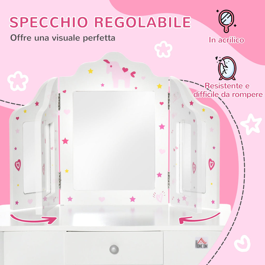 Easycomfort Toeletta per Bambini with Sgabello, Tavolo Trucco with Triplo Specchio e Cassetto, 63x40x85.5cm, white