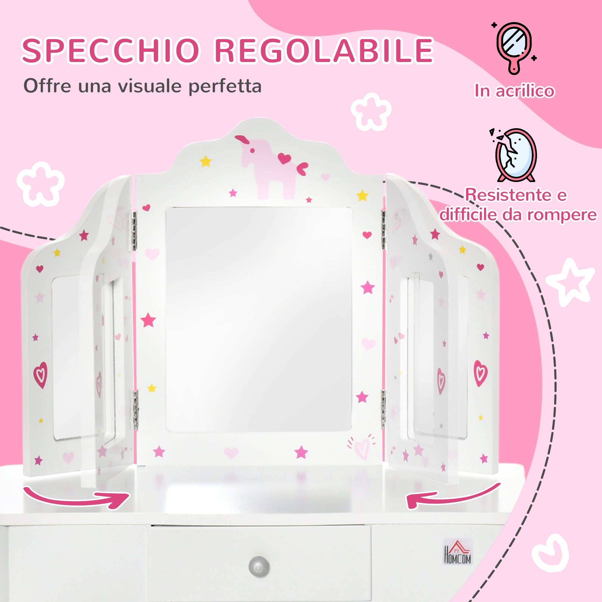 Easycomfort Toeletta per Bambini with Sgabello, Tavolo Trucco with Triplo Specchio e Cassetto, 63x40x85.5cm, white