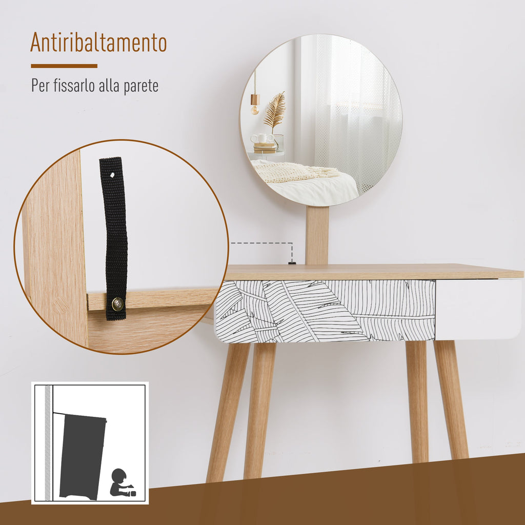 Easycomfort Toeletta Tavolo da Trucco with Specchio Circolare Ф39cm, Consolle Trucco with Cassetto with Decorazione Jungle, white e Rovere, 70x39x119-128cm