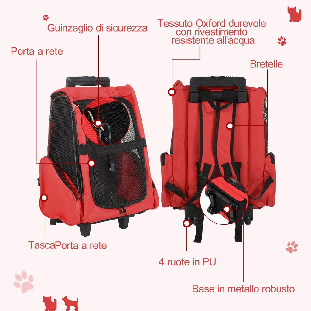 EASYCOMFORT 2 in 1 Backpack Carrier for Dogs and Cats with Side Pockets, Telescopic Handle and Wheels, 42x25x55cm, Red