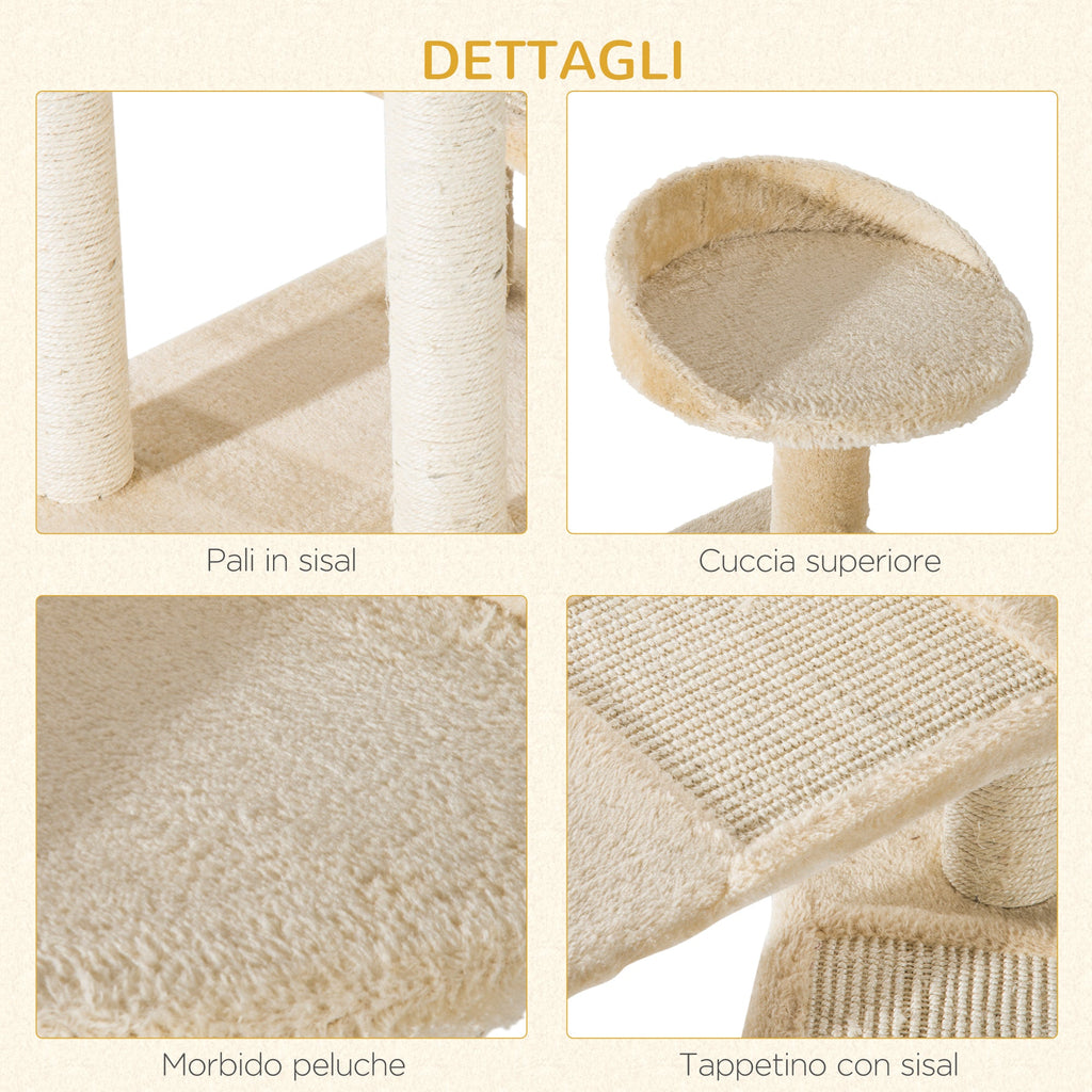 EASYCOMFORT Multilevel Cat Perch with Sisal Scratching Post, Cat Tree with Platforms and Beige Plush Kennel, 50x50x100cm