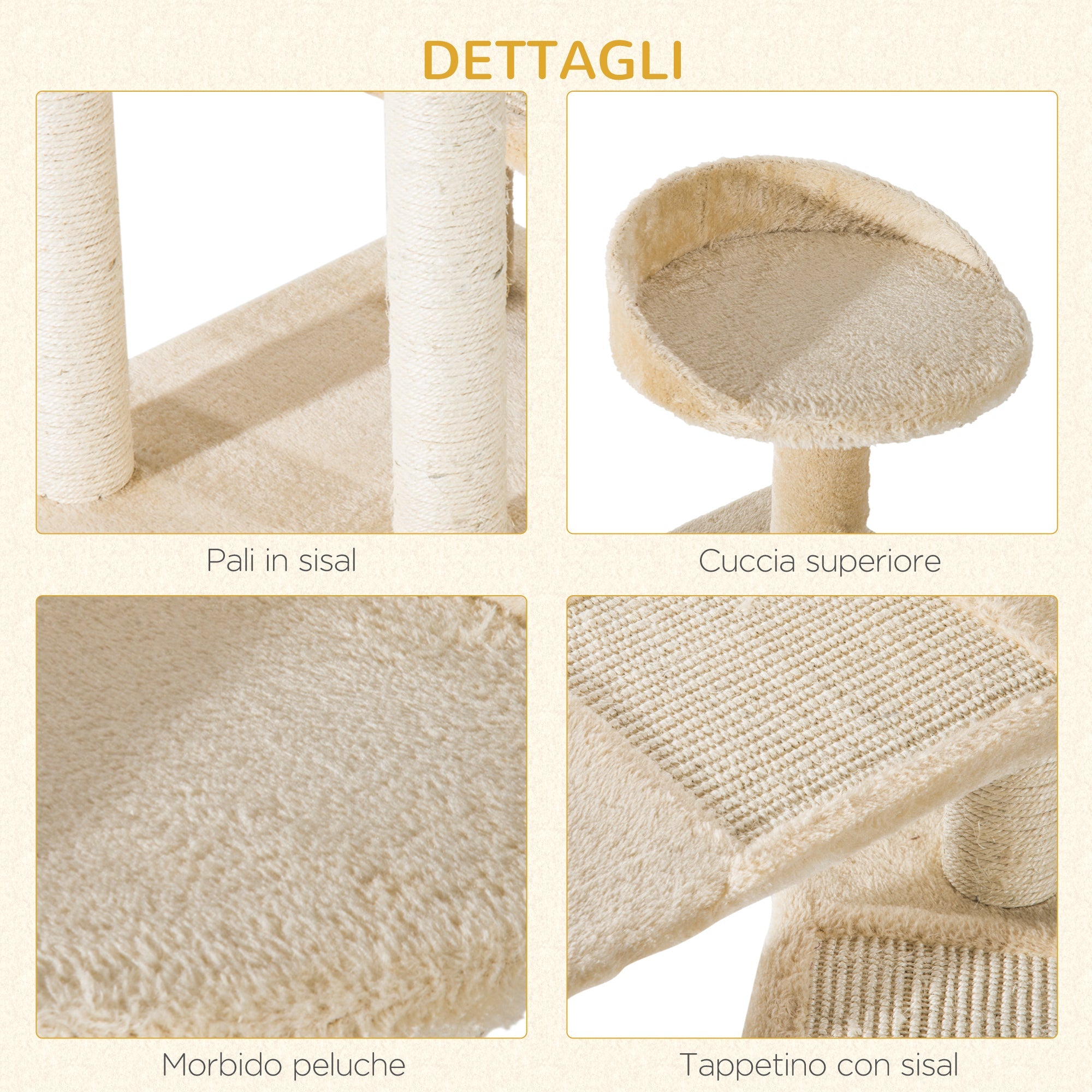EASYCOMFORT Multilevel Cat Perch with Sisal Scratching Post, Cat Tree with Platforms and Beige Plush Kennel, 50x50x100cm