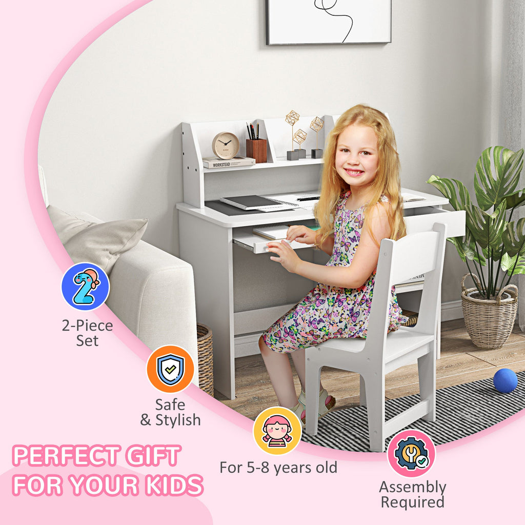 EasycomfortZONEKIZ Banco Scuola e Sedia per Bambini da 5-8 Anni with Scaffale e Mensola Estraibile in Legno white