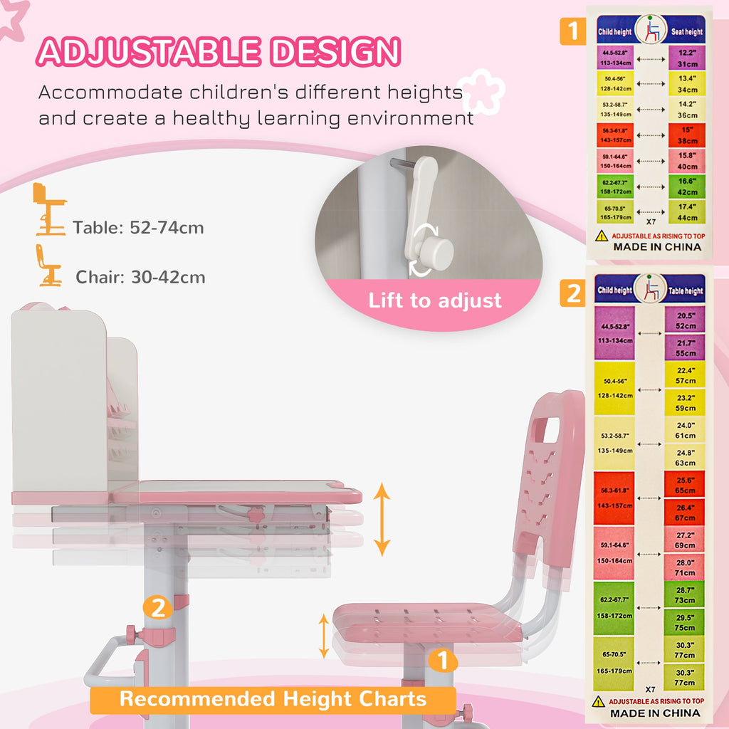 EasycomfortZONEKIZ Set Scrivania per Bambini with Sedia Regolabile in Altezza e Piano Inclinabile, Età 6-12 Anni, Rosa
