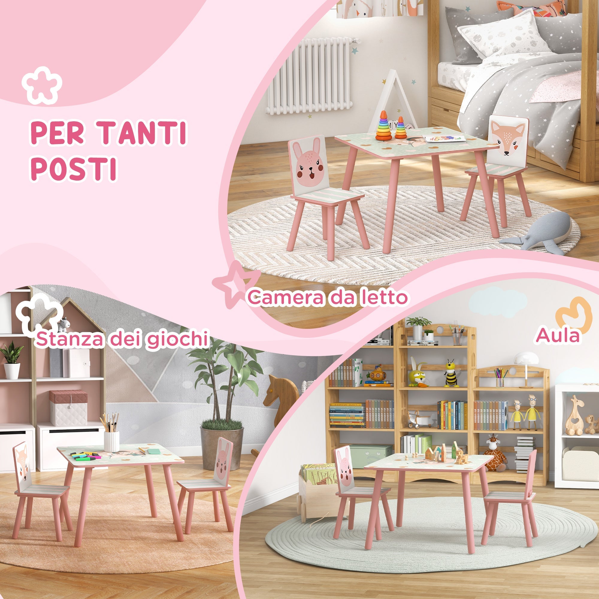 EasycomfortZONEKIZ Set Tavolo e Sedie 3 Pezzi per Bambini 3-8 Anni in MDF e Legno di Pino with Disegni di Animali, Rosa