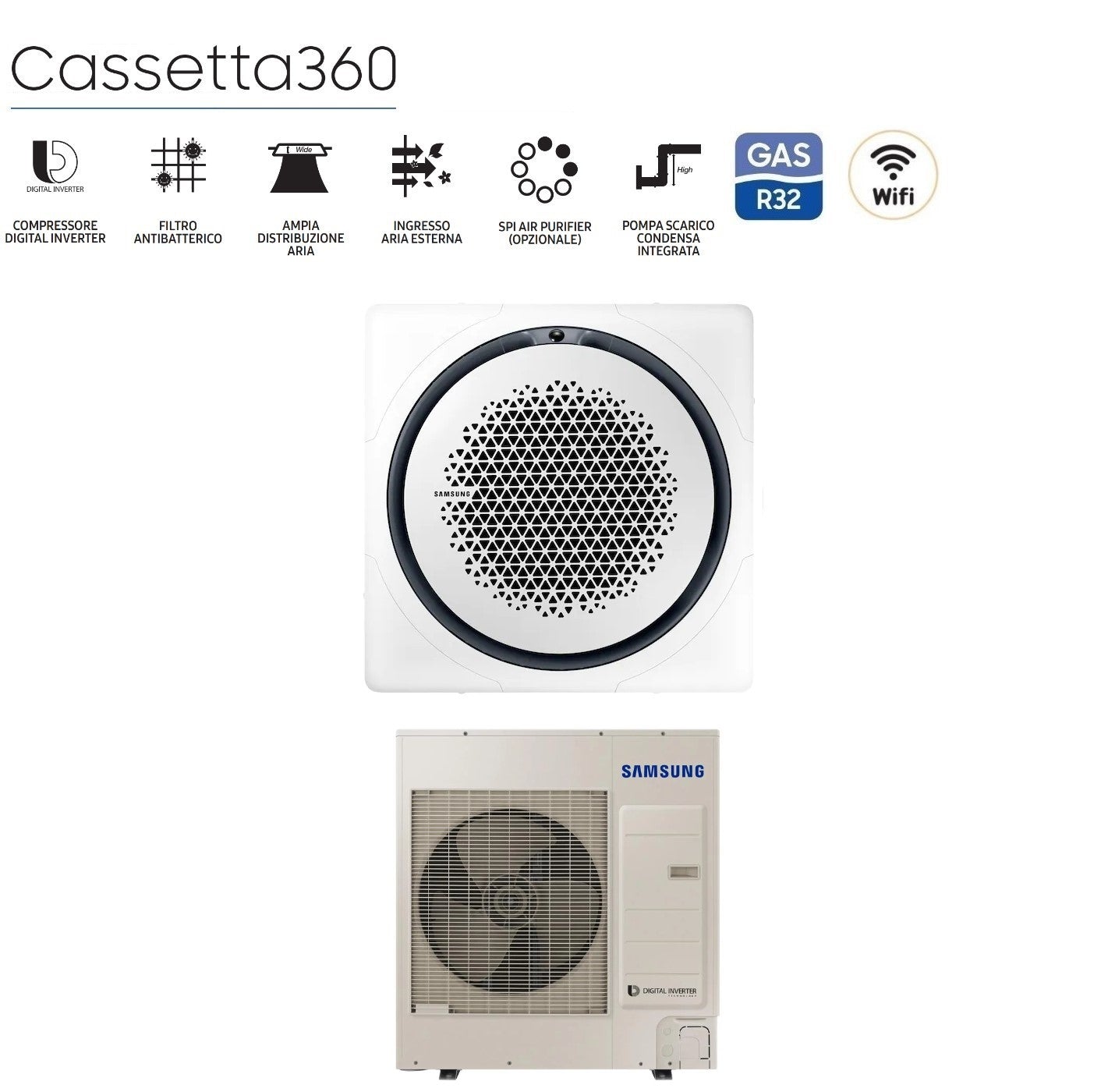 Air conditioner Samsung Inverter Cassetta 360° 36000 Btu AC100RN4PKG/EU Trifase R-32 optional Wi-Fi Vari Pannelli Disponibili