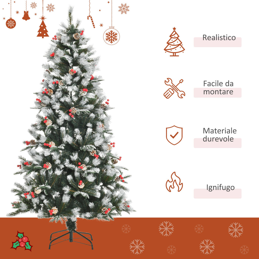 Easycomfort Albero di Natale Innevato 180cm with Bacche Rosse e Pigne Bianche, Base Rimovibile Pieghevole, 678 Rami, Verde
