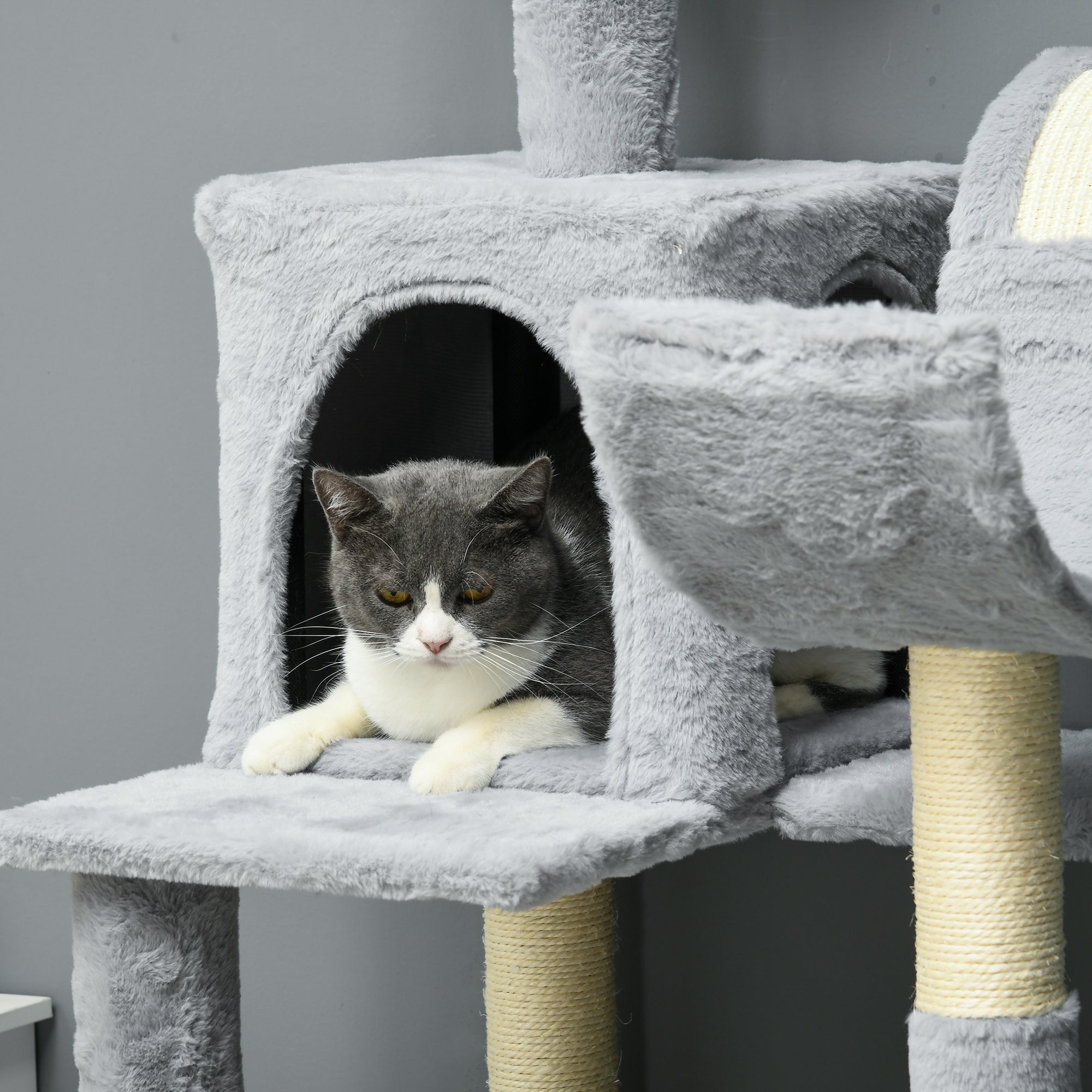 Easycomfort Albero per Gatti with Amaca, Lettino e 2 Casette, in Truciolato e Peluche, 55x49x177 cm, Grigio e white