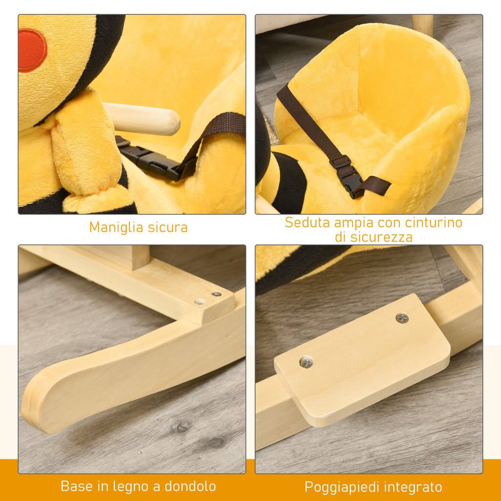 Easycomfort Animale a Dondolo per Bambini a forma di Ape in Legno di Pioppo with Musica, 60x33x45 cm, Giallo e black