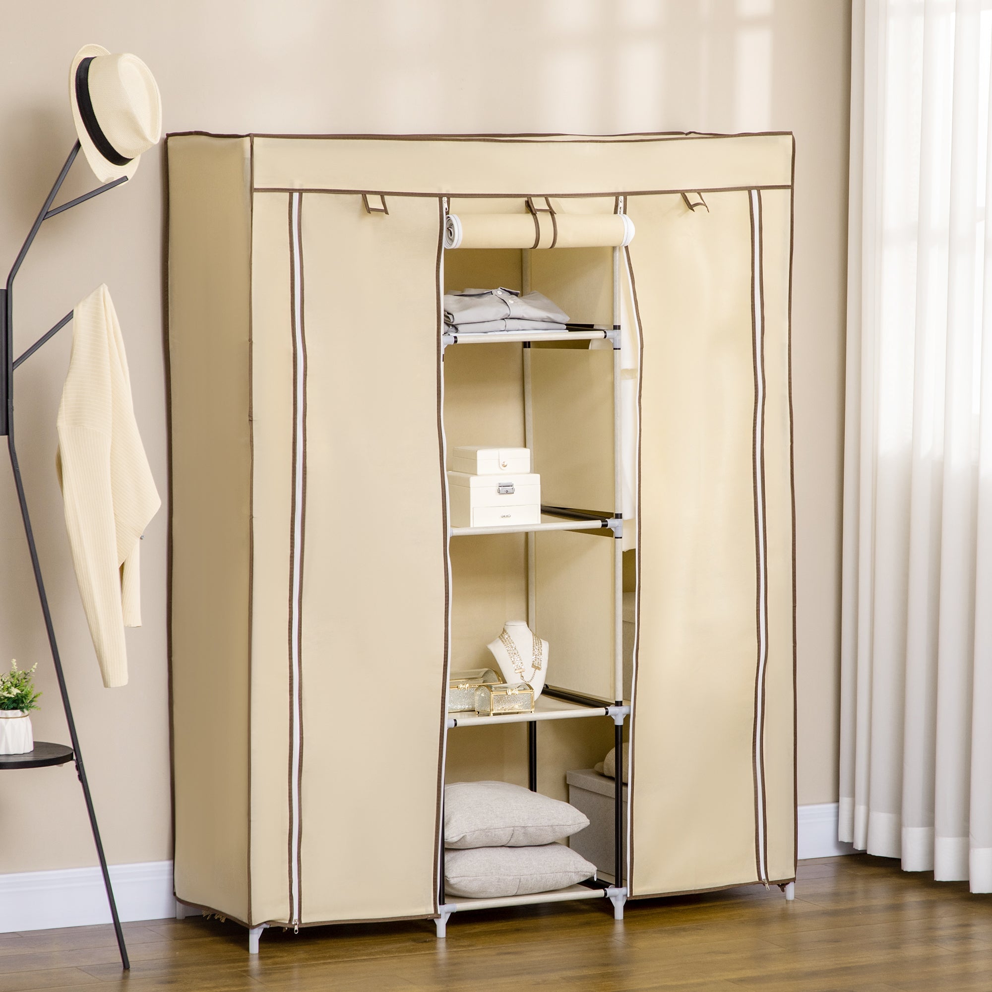 Easycomfort Armadio in Tessuto with 8 Ripiani e 2 Barre with Porta Avvolgibile, 125x46x162.5cm, Beige