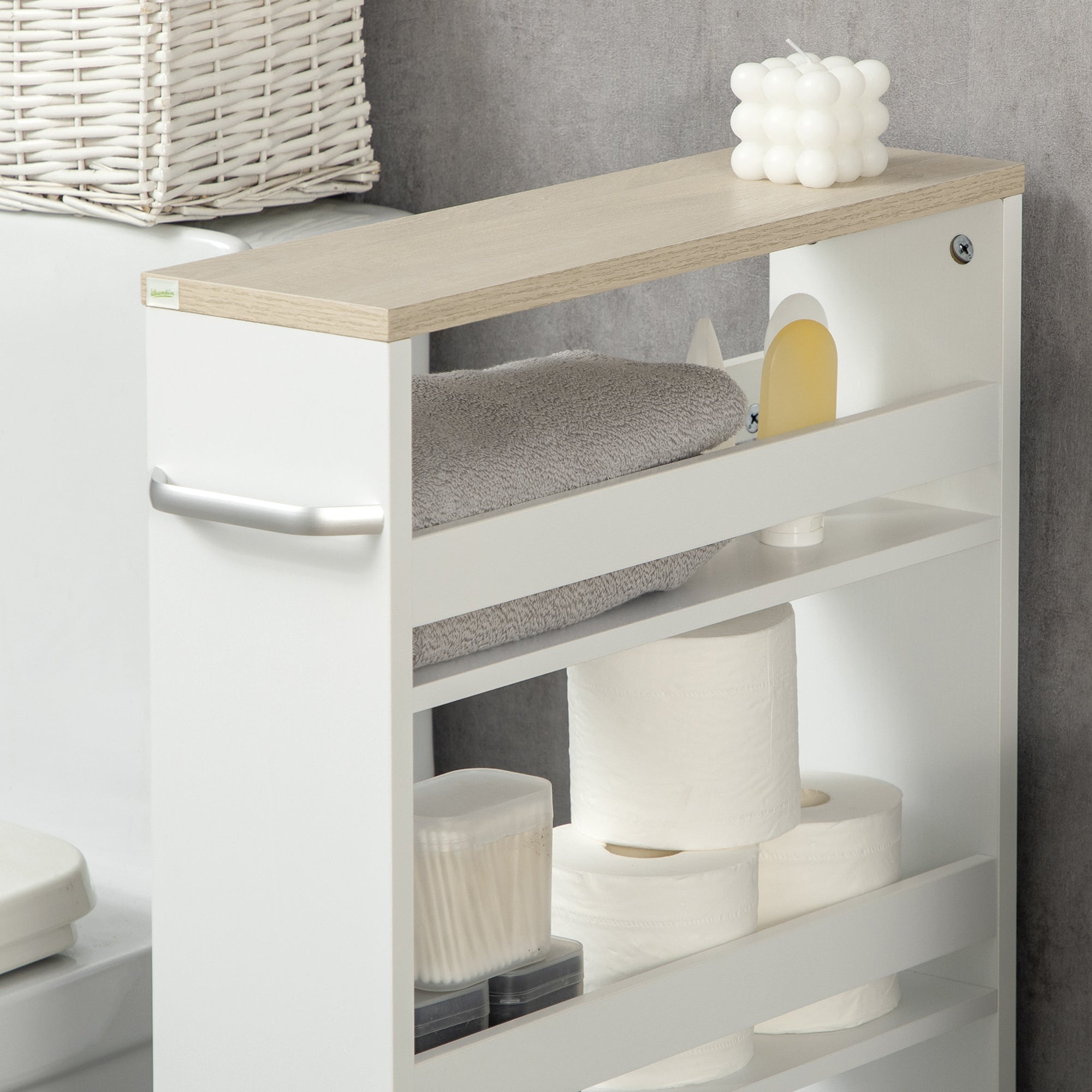 Easycomfort Carrello Bagno Salvaspazio a 3 Ripiani with Rotelle e Maniglia in Legno, 48x15x80cm, white