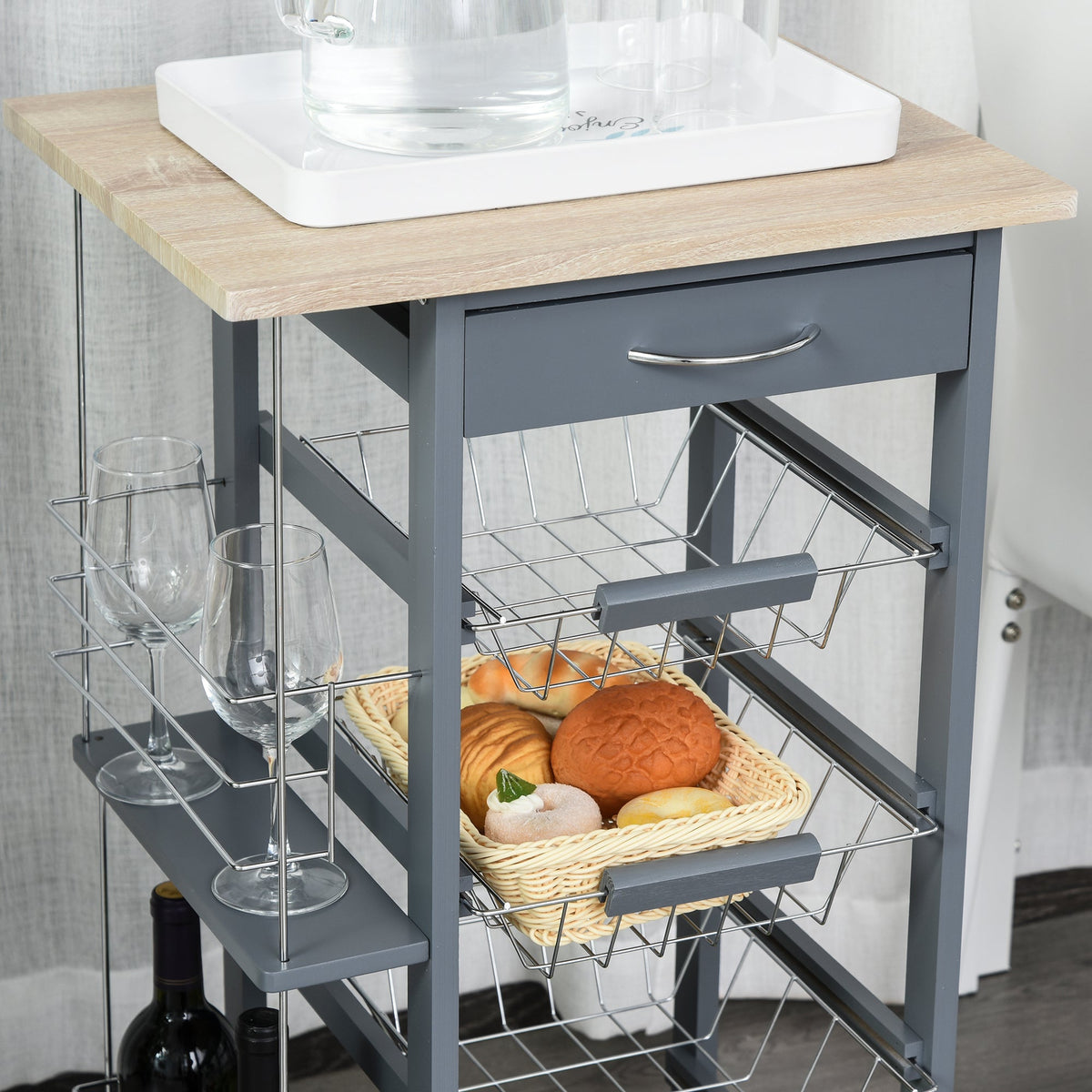 EasyComfort keukentrolley donkergrijs met 1 lade en 4 metalen manden