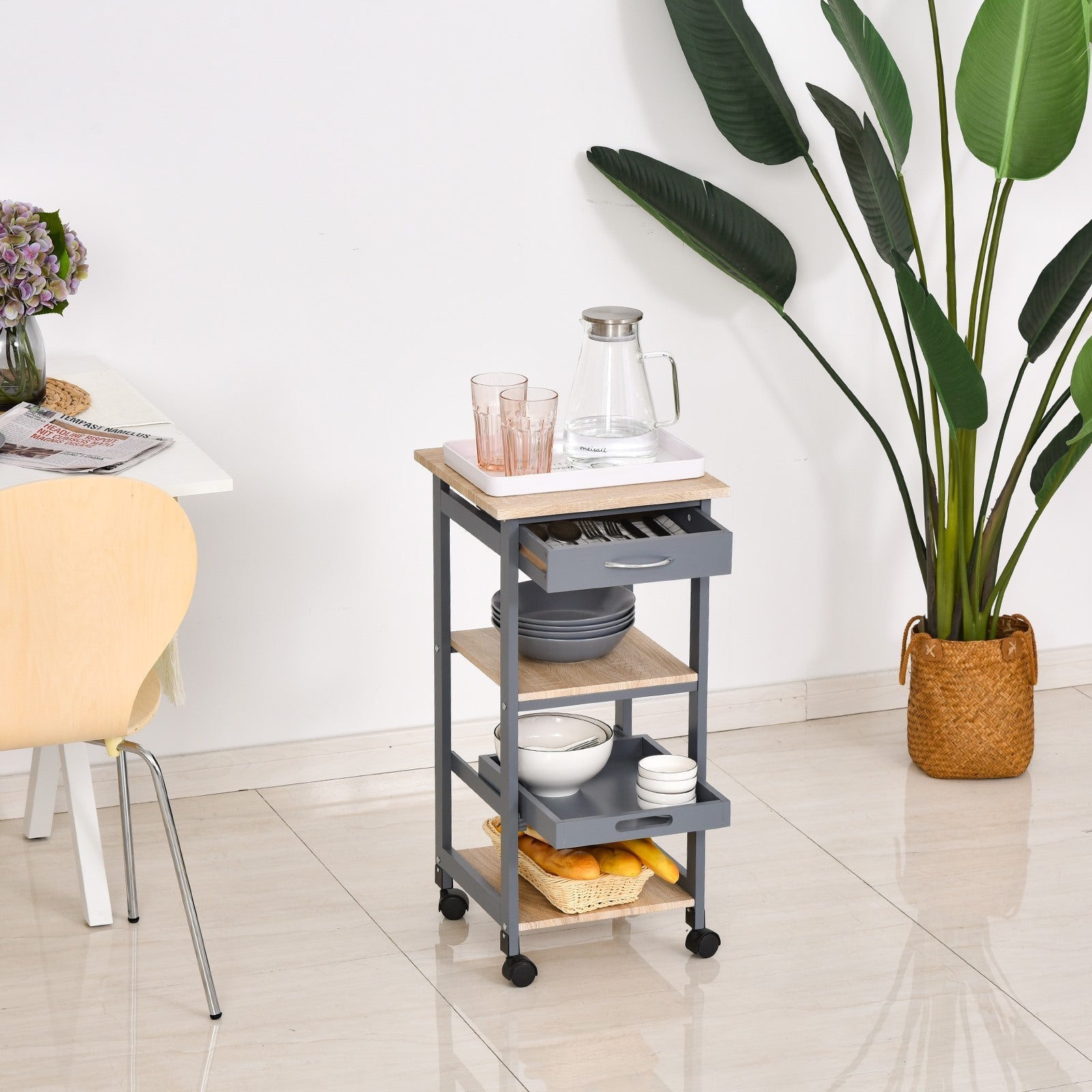 Easycomfort Carrello da Cucina Portavivande with Cassetto, 2 Ripiani e Vassoio Estraibile, 37x37x76cm, Grigio