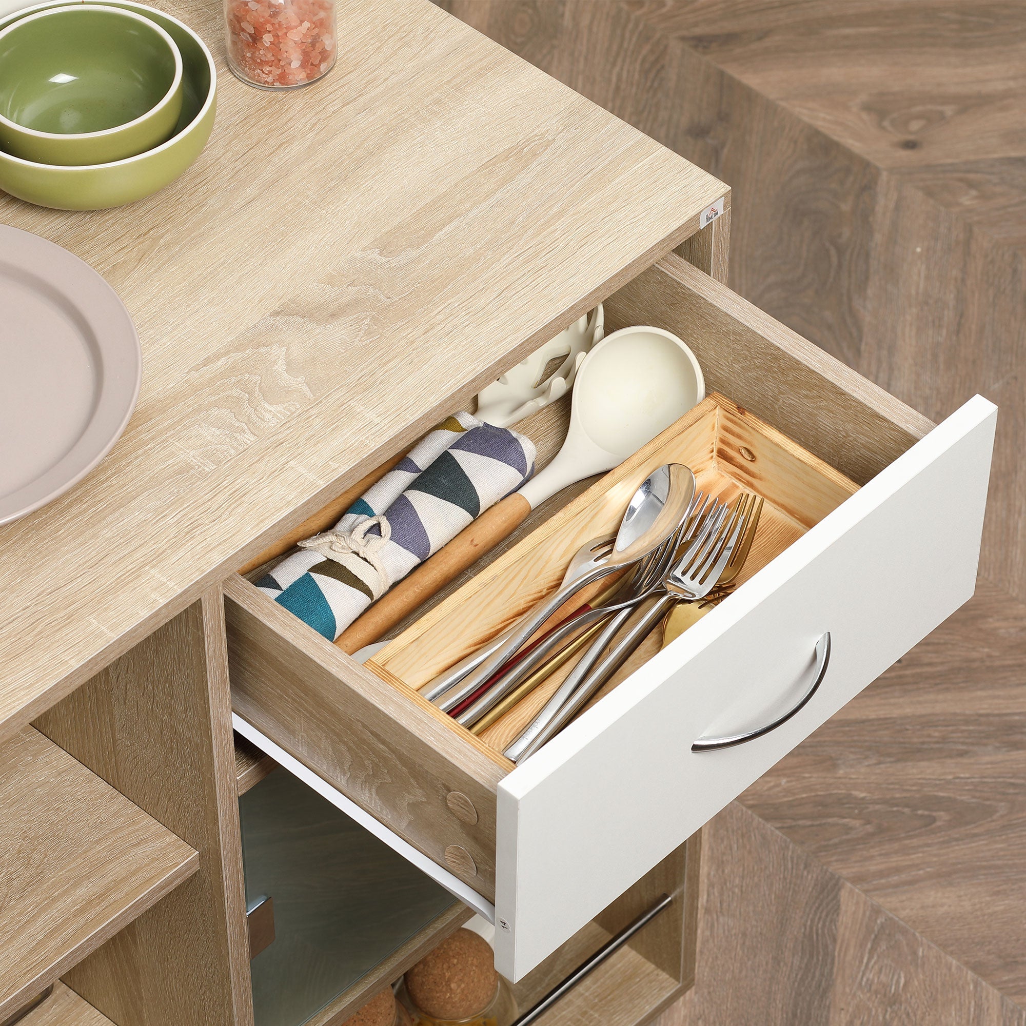 Easycomfort Carrello da Cucina Portavivande with Cassetto, Ripiani e Armadietto in Legno, Acciaio e Vetro, 65x39x80cm