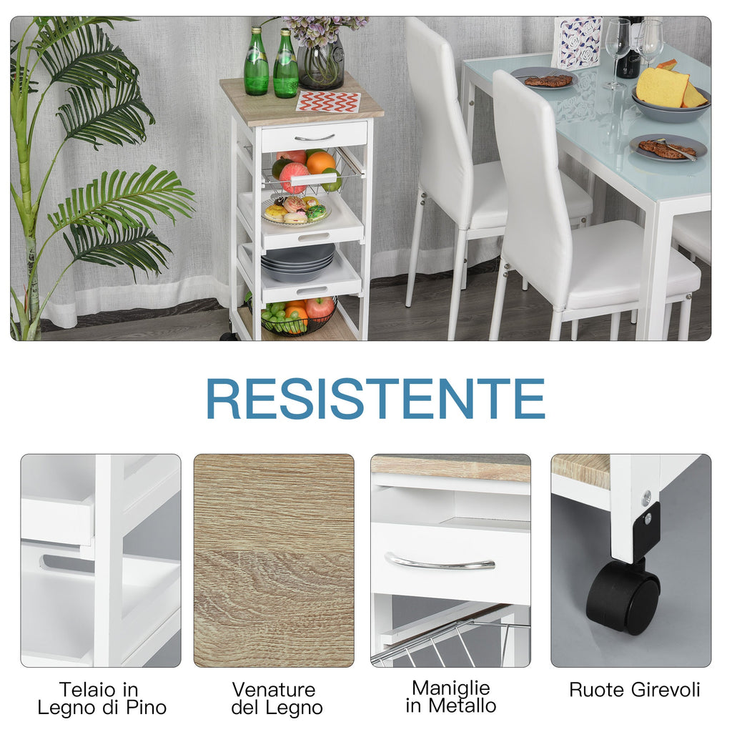 Easycomfort Carrello da Cucina Salvaspazio in Legno di Pino e MDF, Carrello Portaoggetti with Cassetto, Cestello, 2 Vassoi e 4 Ruote Universale, 37x37x82cm, white