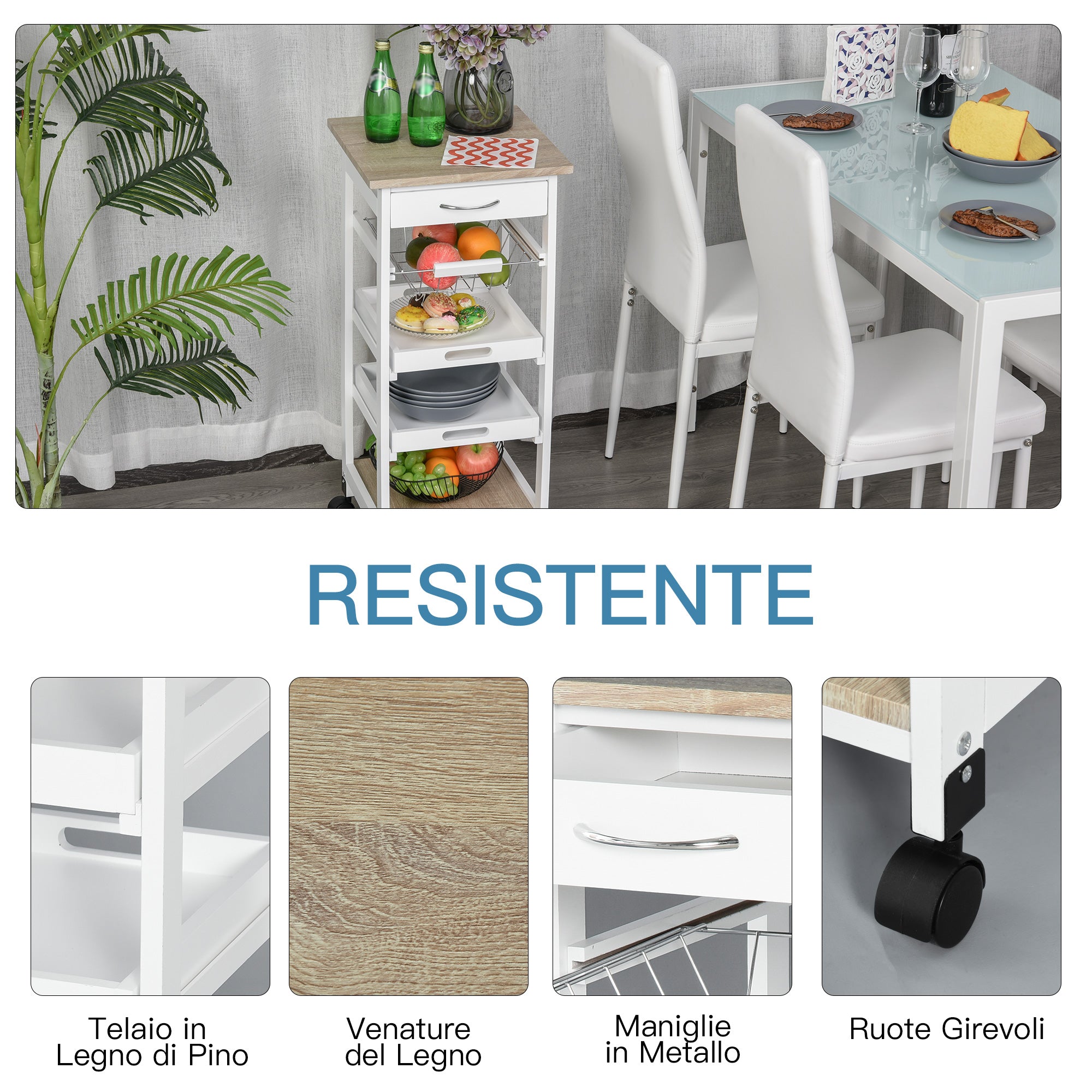 Easycomfort Carrello da Cucina Salvaspazio in Legno di Pino e MDF, Carrello Portaoggetti with Cassetto, Cestello, 2 Vassoi e 4 Ruote Universale, 37x37x82cm, white
