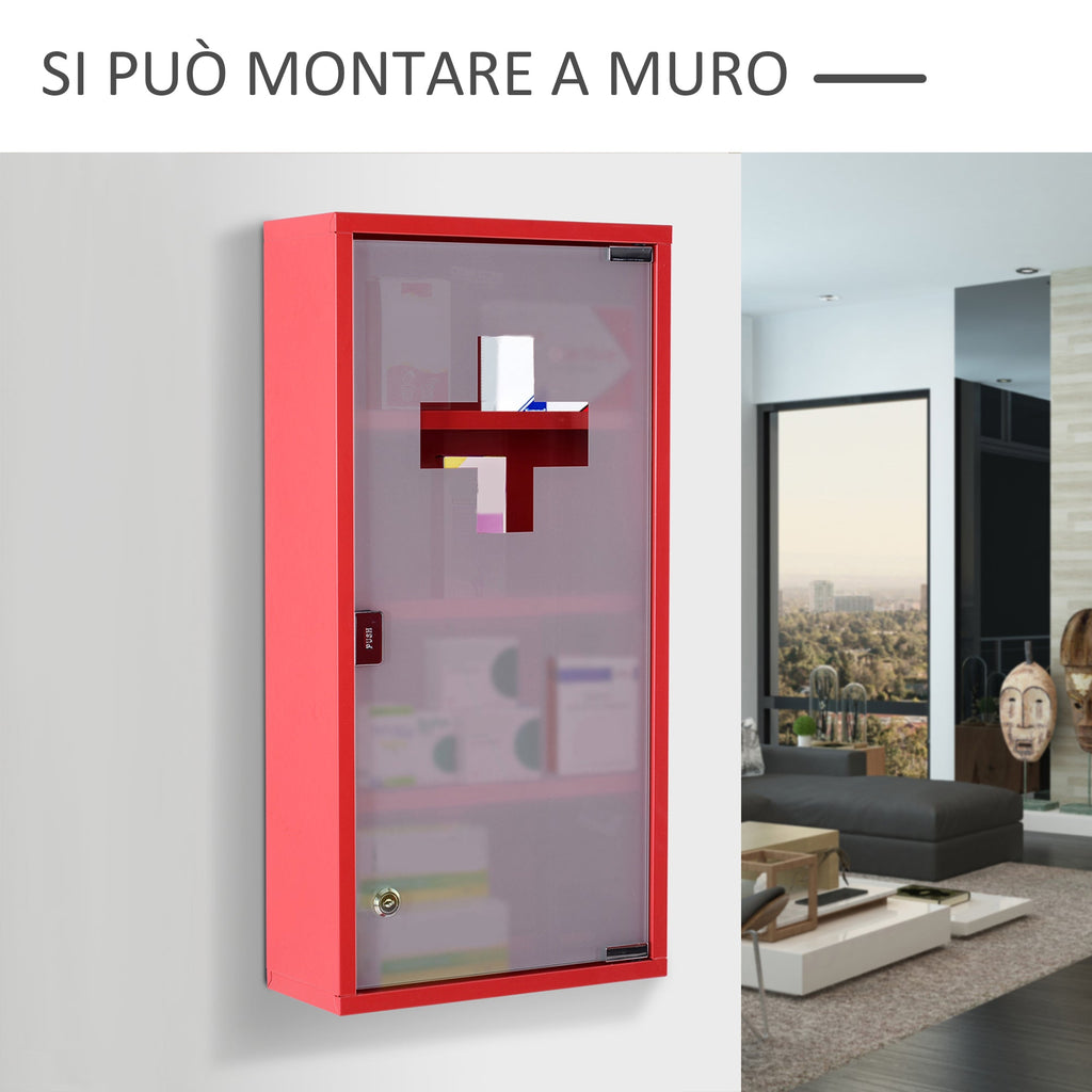 Easycomfort Cassetta Porta Medicine Armadietto Medicinali 4 Livelli Porta in Vetro 60×30×12cm Rosso