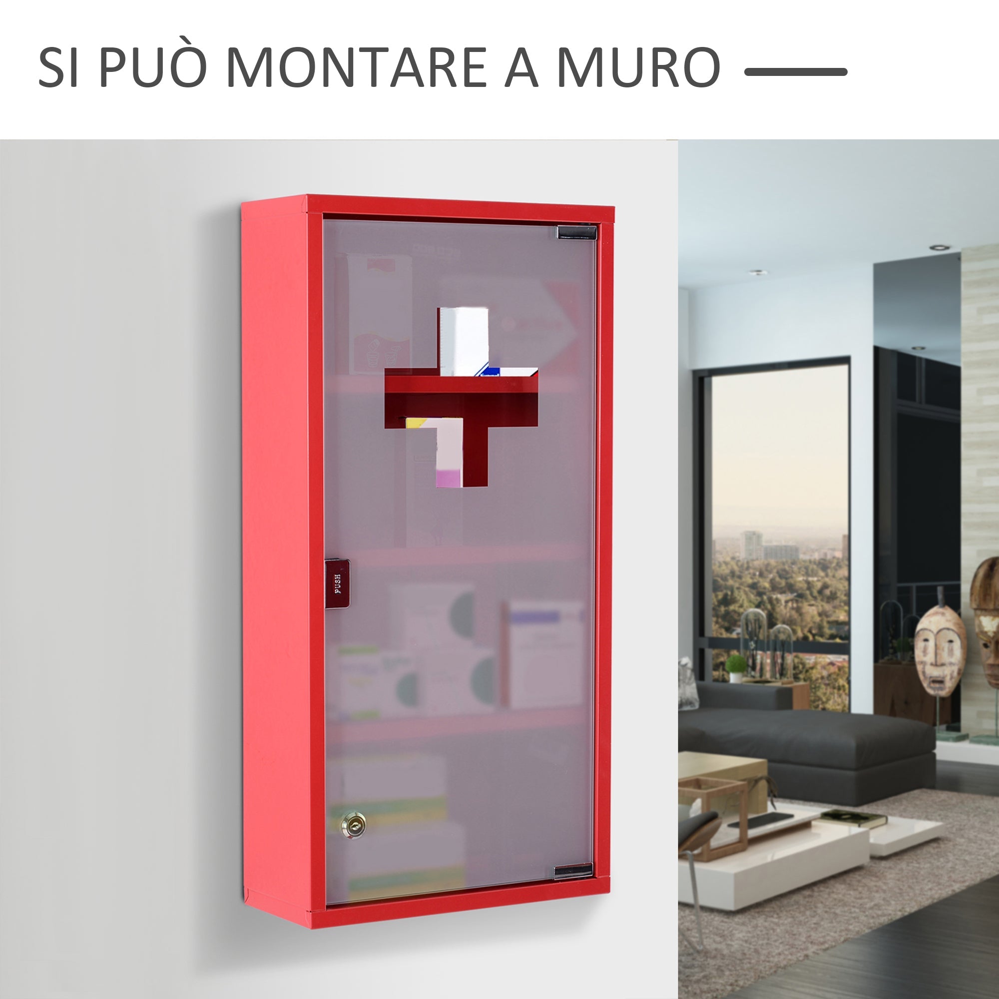 Easycomfort Cassetta Porta Medicine Armadietto Medicinali 4 Livelli Porta in Vetro 60×30×12cm Rosso