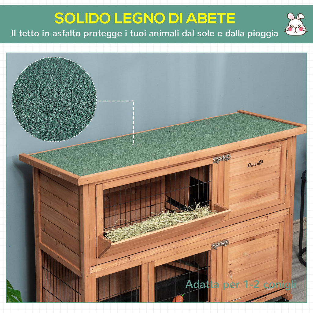 Easycomfort Conigliera in Legno a 2 Livelli with Ruote, Vassoio Estraibile e Rampa, 122x50x101cm