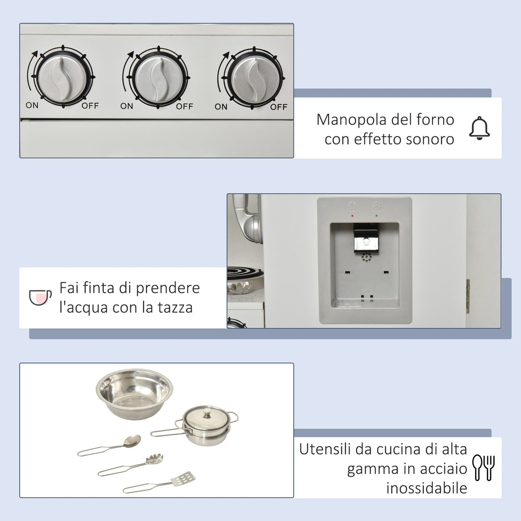 Easycomfort Cucina Giocattolo in Legno per Bambini with Lavandino e Fornelli, Pentole e Utensili in Acciaio, 74x30x81cm, white
