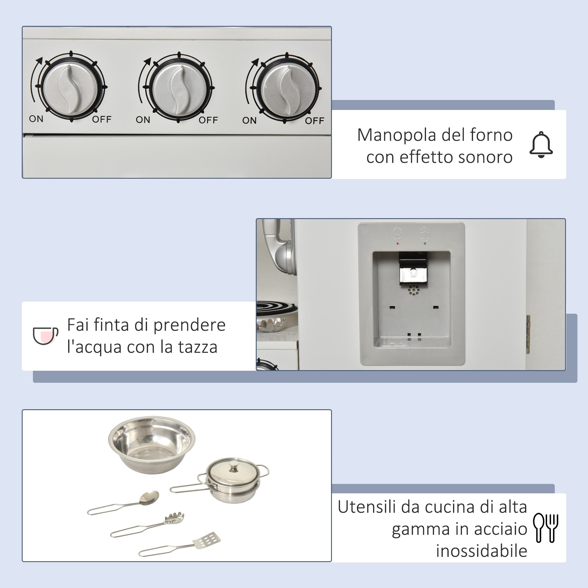 Easycomfort Cucina Giocattolo in Legno per Bambini with Lavandino e Fornelli, Pentole e Utensili in Acciaio, 74x30x81cm, white