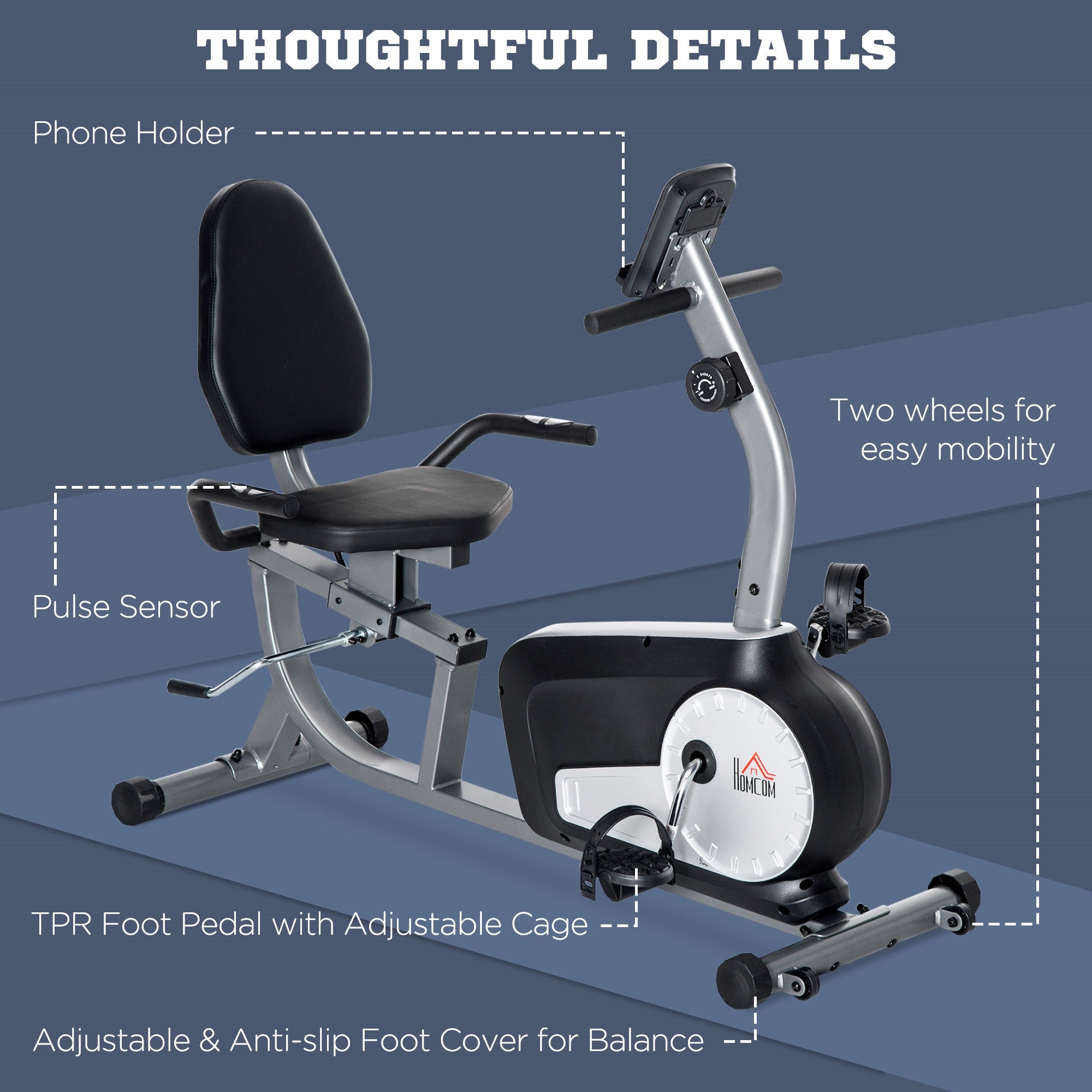 EASYCOMFORT Recumbent Horizontal Exercise Bike with 8 Resistance Levels, LCD Screen and Adjustable Seat, 122-137x62x103 cm