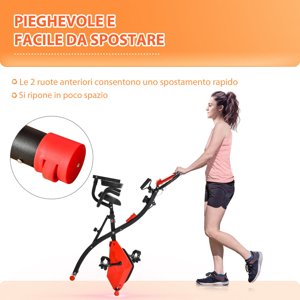 Easycomfort Cyclette Pieghevole 2 in 1, Resistenza Magnetica Regolabile 8 Livelli, Bici da Fitness with Sensore di Frequenza Cardiaca, Elastici per Braccia, Schermo LCD, Rosso