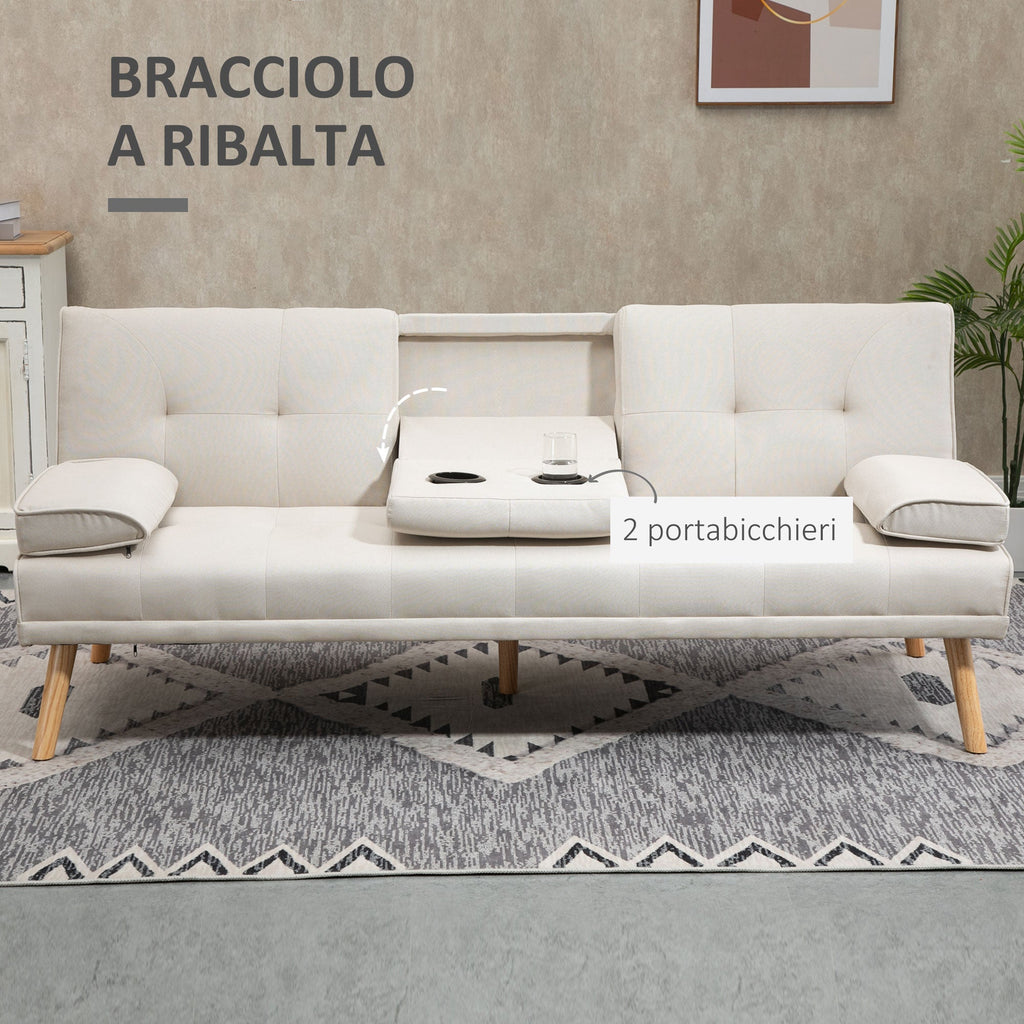 Easycomfort Divano Letto 3 Posti Reclinabile with Rivestimento Effetto Lino e Tavolino a Ribalta, Beige