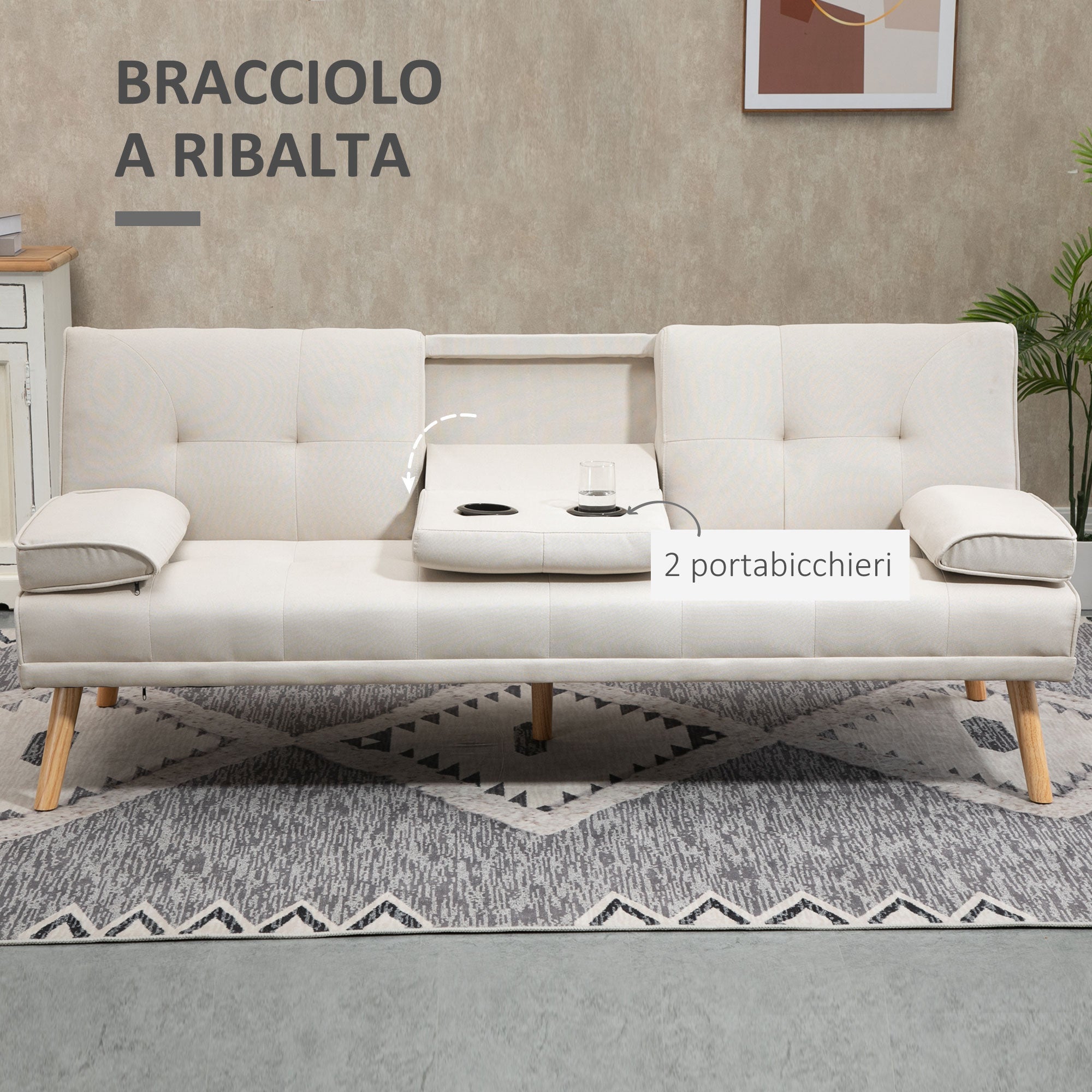 Easycomfort Divano Letto 3 Posti Reclinabile with Rivestimento Effetto Lino e Tavolino a Ribalta, Beige