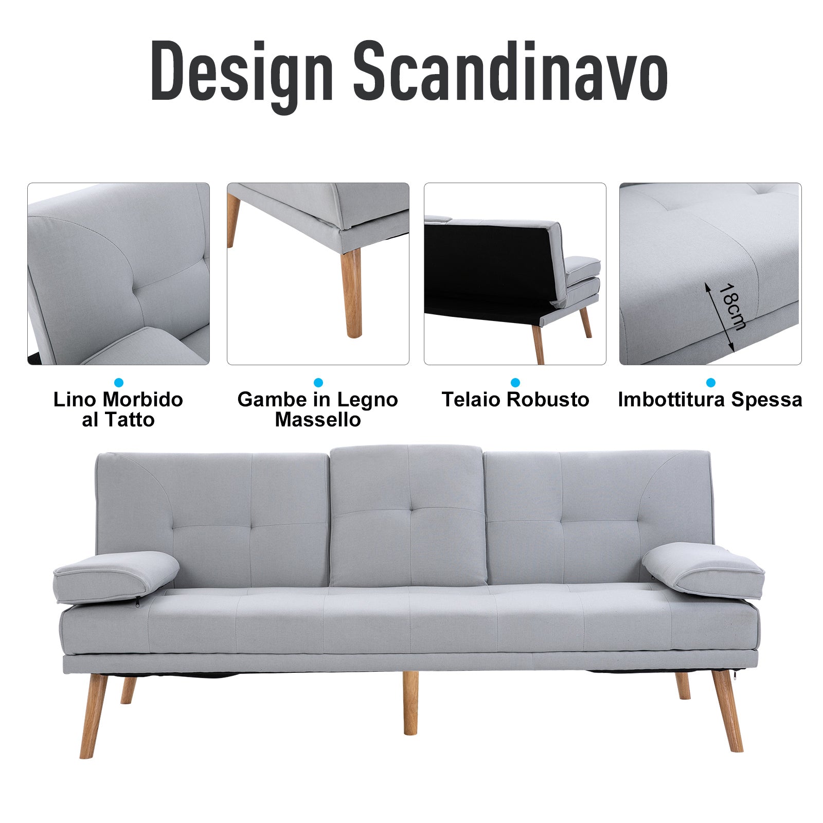 Easycomfort Divano Letto 3 Posti Stile Scandinavo Reclinabile with Tavolino a Ribalta, 181x77x88 cm, Grigio