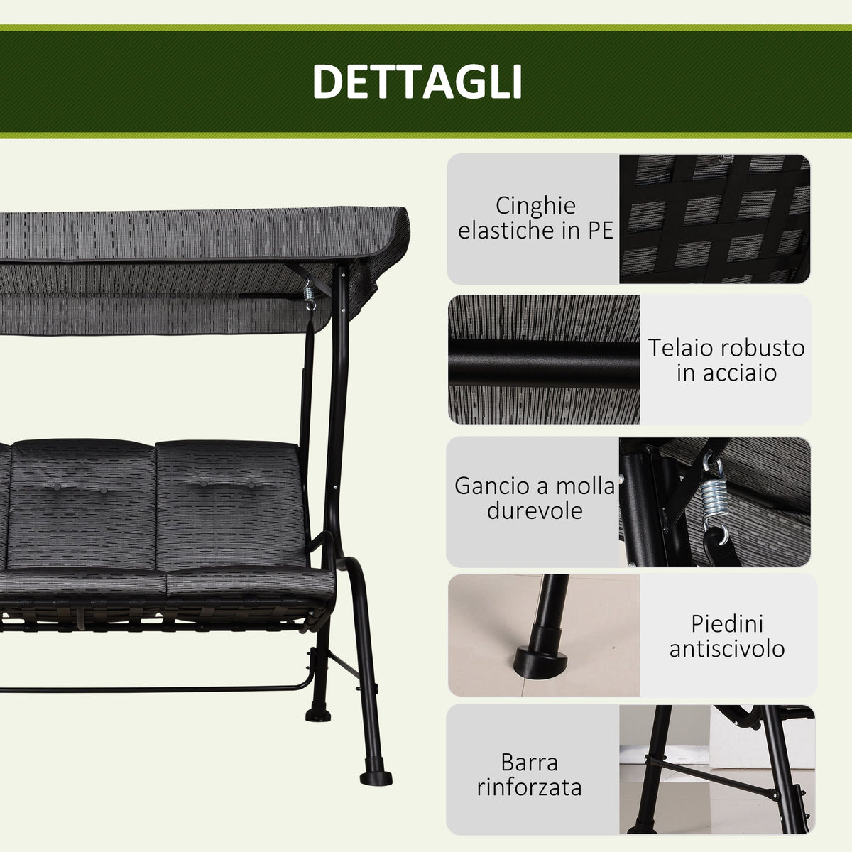 EASYCOMFORT schommelbank 3-persoons met verstelbaar dak, 200x120x170 cm, zwart