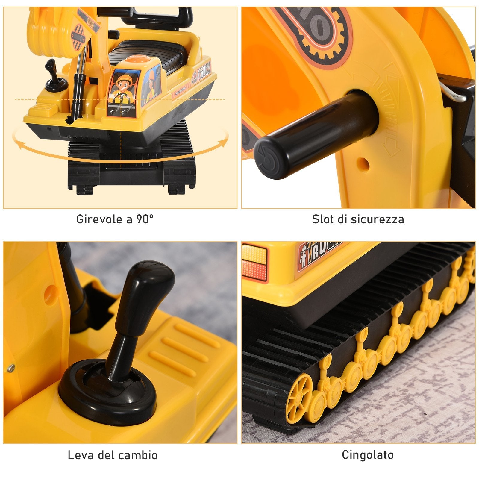 Easycomfort Escavatore Ruspa Giocattolo Cavalcabile per Bambini max. 30 kg with Schienale, Braccio Mobile e Vano Contenitore, 78x24x58.5cm