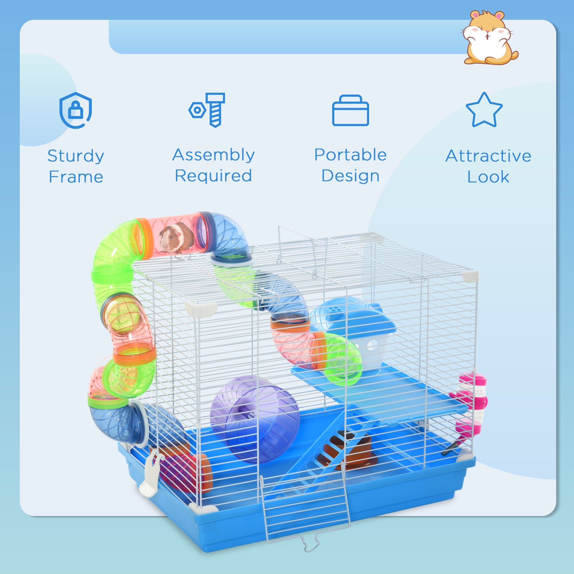 EASYCOMFORT 2-Tier Hamster Cage with Water Tank, Tray, Tube and Hamster Wheel, 46x30x37cm