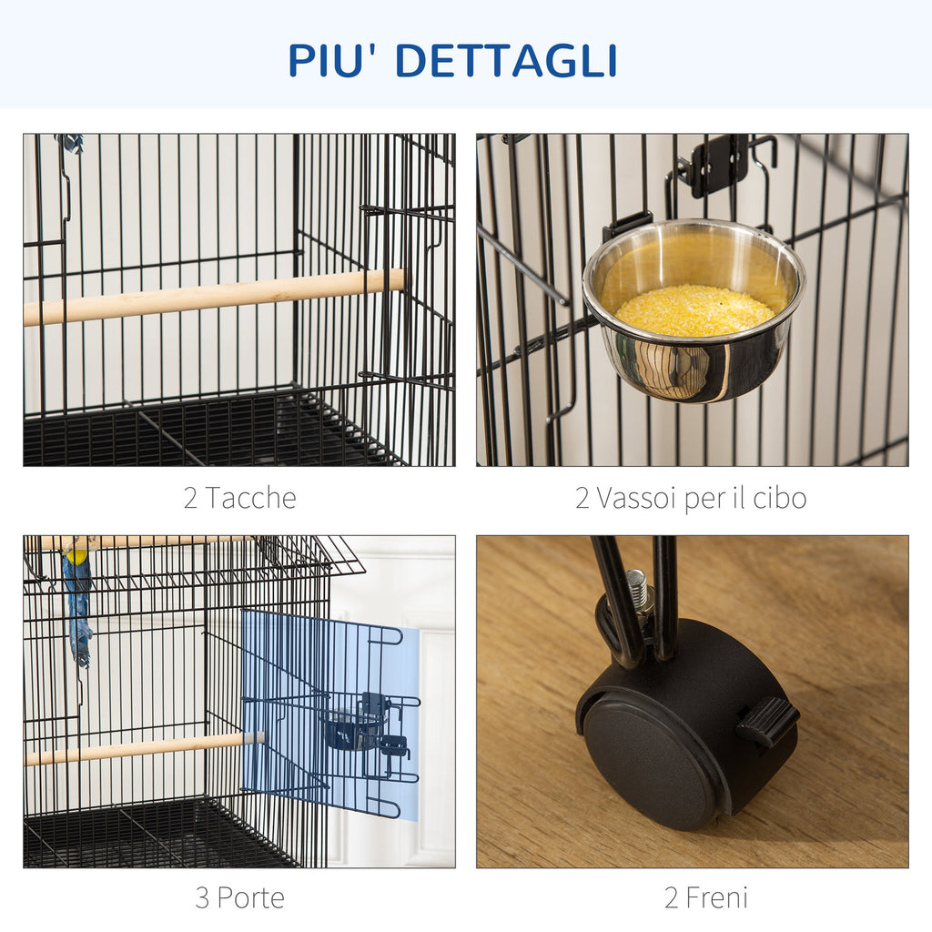 EASYCOMFORT Indoor Bird Cage in Steel and Wood with Tray, 4 Wheels and Perch, 50x49x137cm