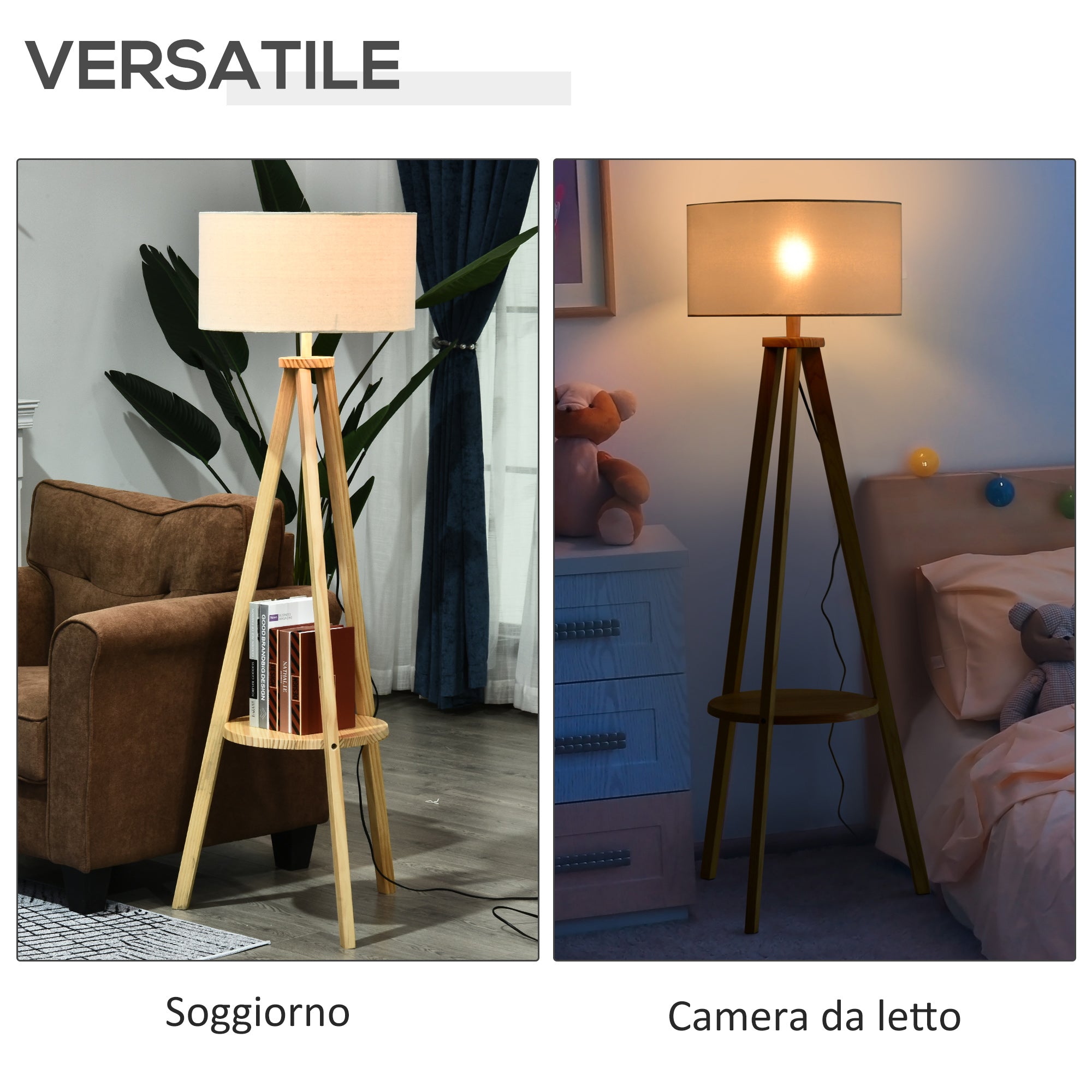 Easycomfort Lampada da Terra with Ripiano Intermedio Paralume in Lino Interruttore a Pedale Risparmio Energetico Altezza 154cm, Legno, 50x50x154 cm