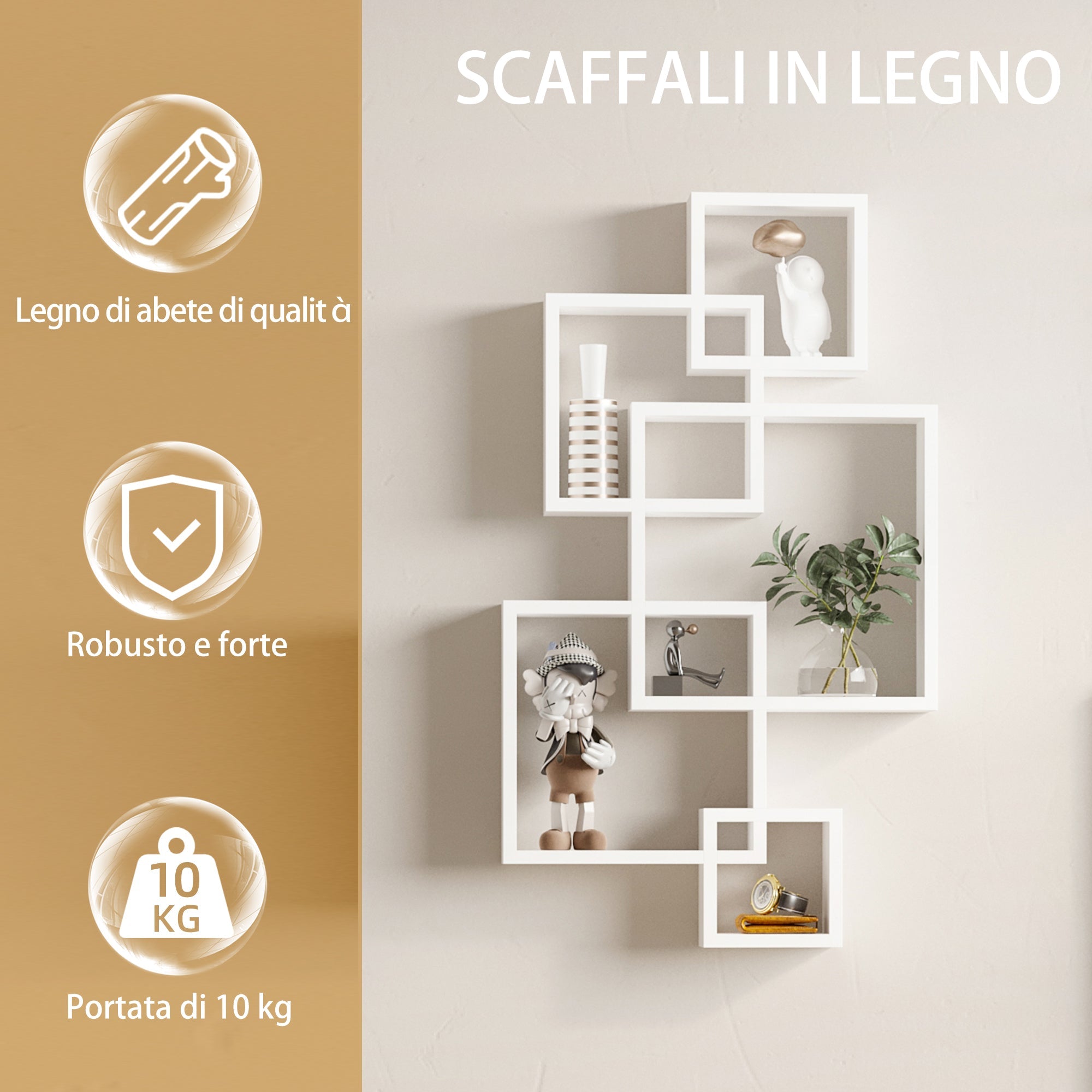 Easycomfort Libreria Moderna Sospesa with 5 Cubi Intrecciati in Legno, 49.5x10.2x86cm, white