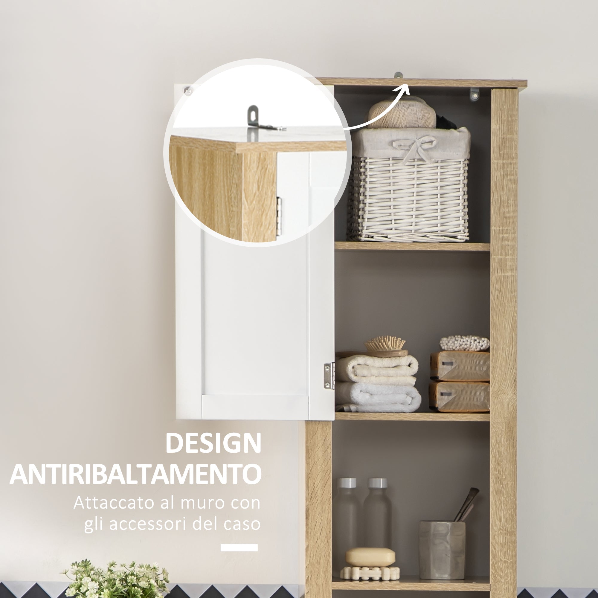 Easycomfort Mobile Bagno Alto in Truciolato with un Cassetto, 2 Armadietti e 2 Ripiani Aperti Regolabili, 37x30x184 cm