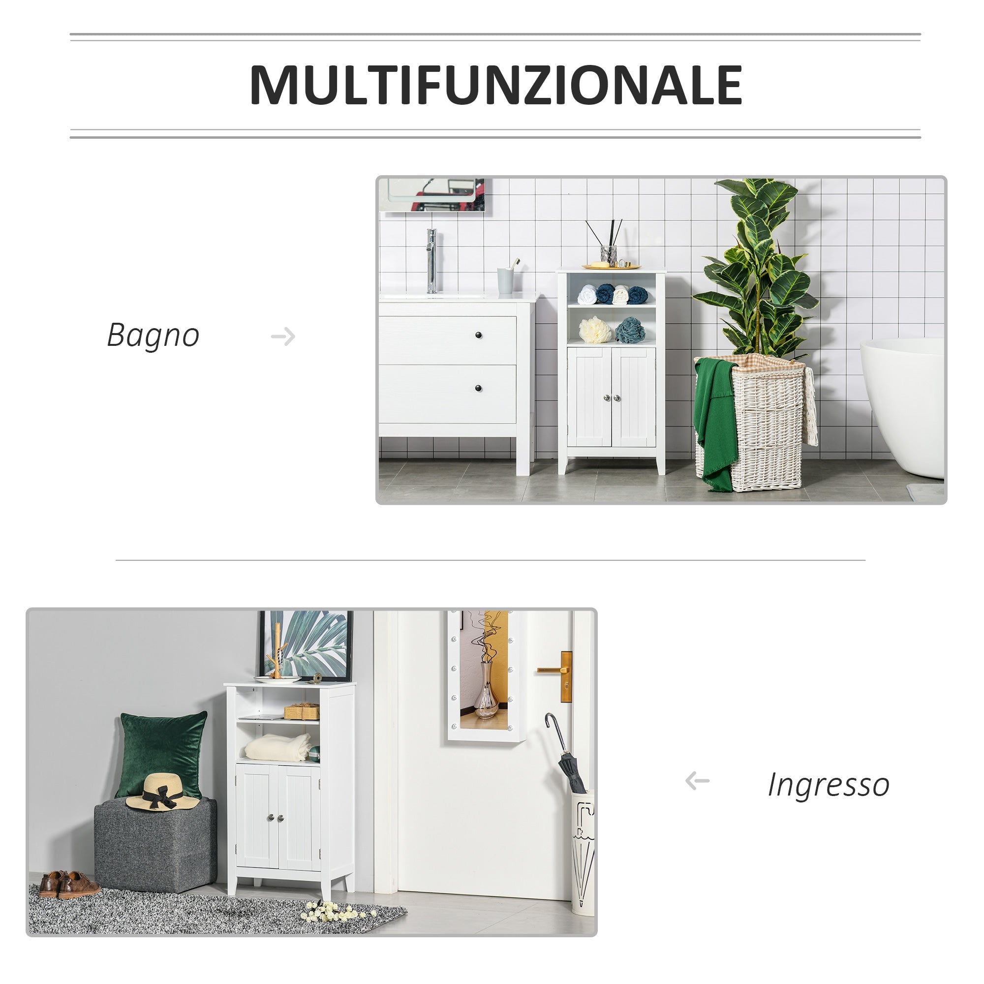 Easycomfort Mobile Bagno with Mensole Regolabili e Armadietto 2 Ante, Mobiletto Bagno Multiuso in Legno, white, 50x30x93cm