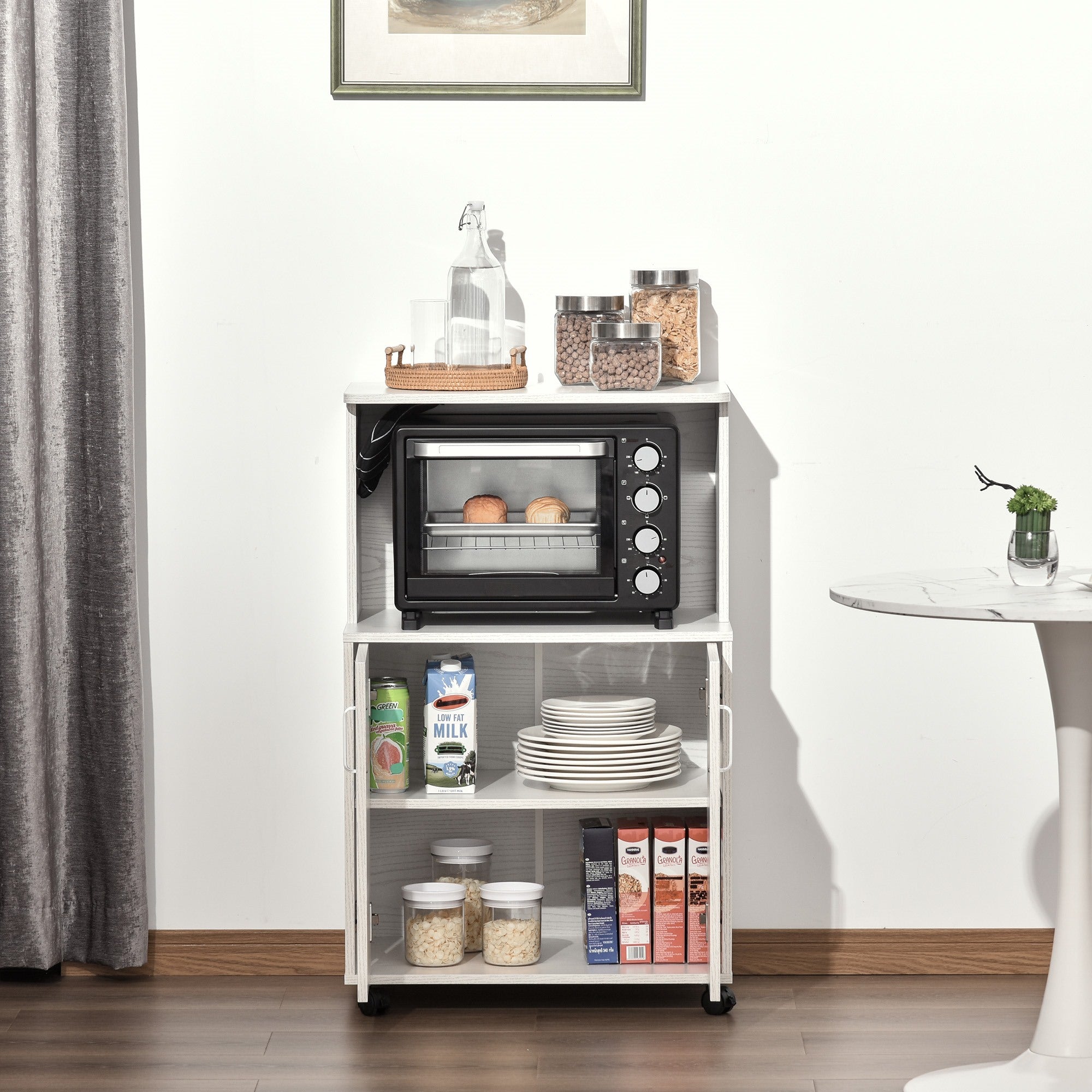 Easycomfort Mobile Cucina Multiuso with Ruote, Armadietto e Ripiano per Microonde, Credenza Alta in Legno Truciolare, 60.4x40.3x97cm white