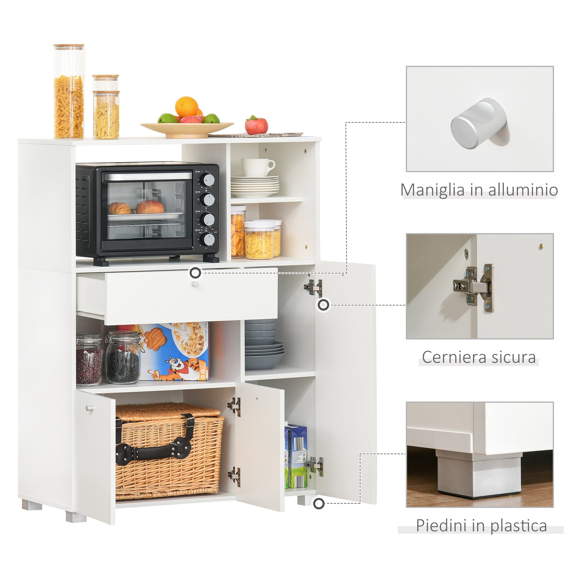 Easycomfort Mobile Cucina per Microonde with Armadietti, Mensole e Cassetto, Credenza Moderna in Legno 90x40x120cm white