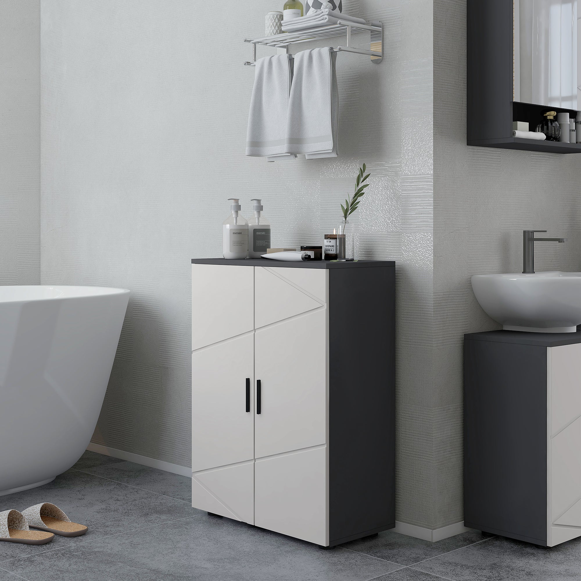Easycomfort Mobiletto Bagno 2 Ante in Legno with 3 Ripiani e Chiusura Ammortizzata, 60x30x82cm, Grigio