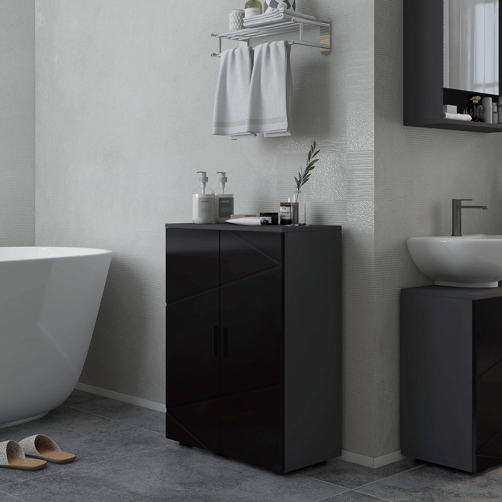Easycomfort Mobiletto Bagno 2 Ante in Legno with 3 Ripiani e Chiusura Ammortizzata, 60x30x82cm, black