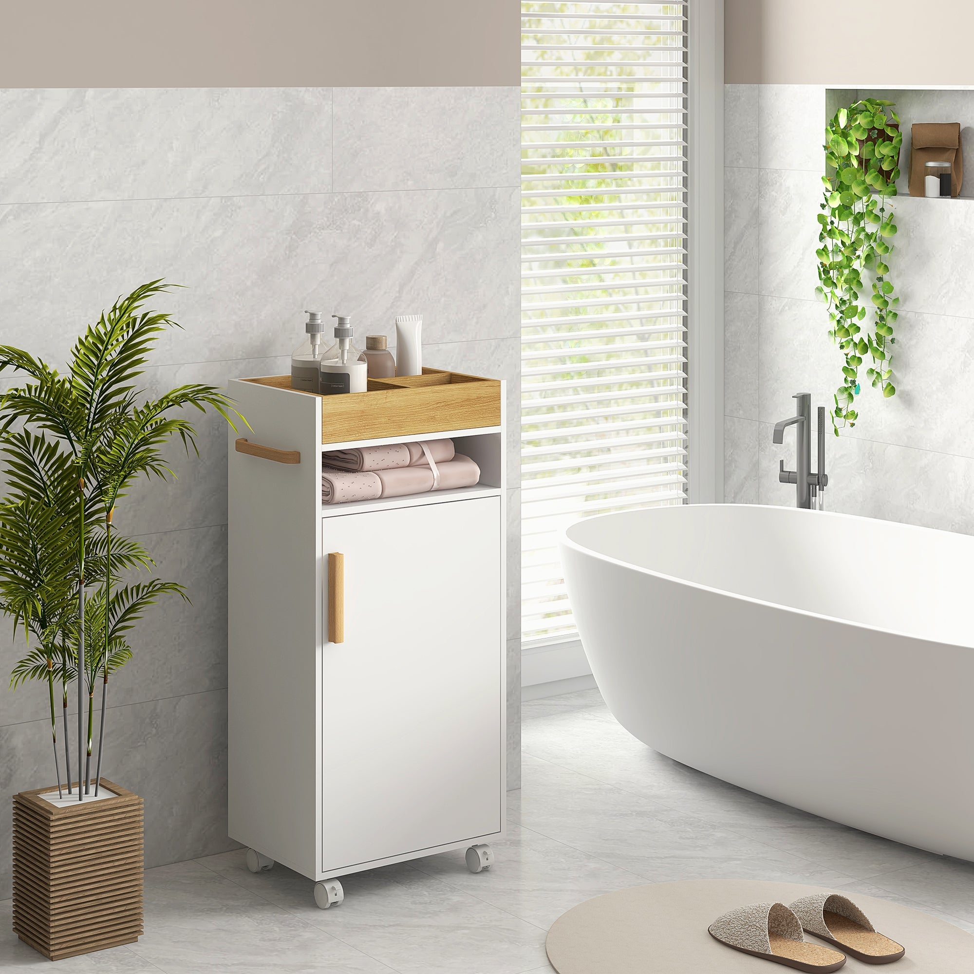Easycomfort Mobiletto Bagno with Vassoio Rimovibile, Ripiano Aperto e Armadietto Chiuso, in Truciolato, 40x30x88 cm, white