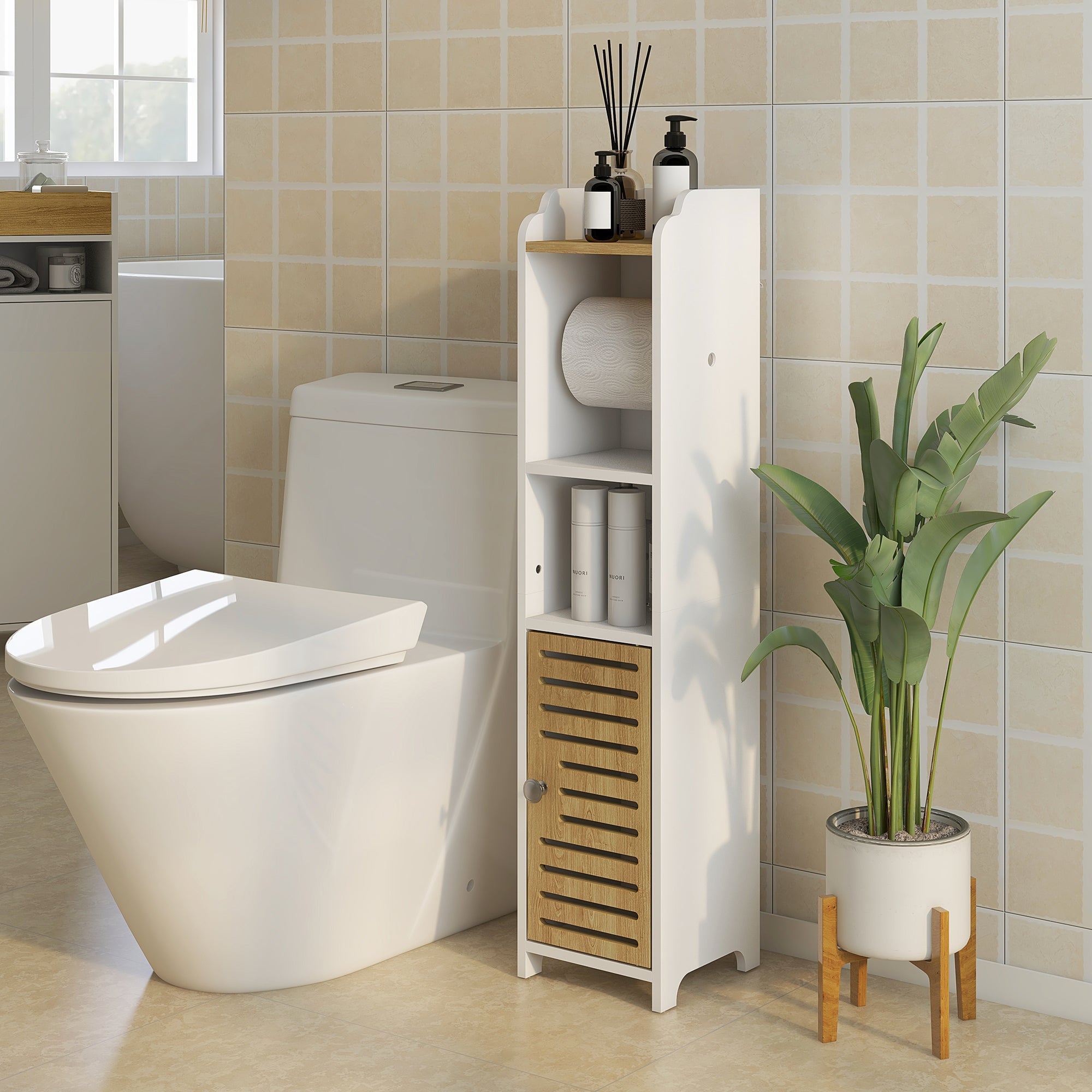 EasyComfort Mobiletto Bagno Salvaspazio Moderno con Ripiani e Armadietto in Truciolato, Superficie in melamina,18x20x90cm, Bianco