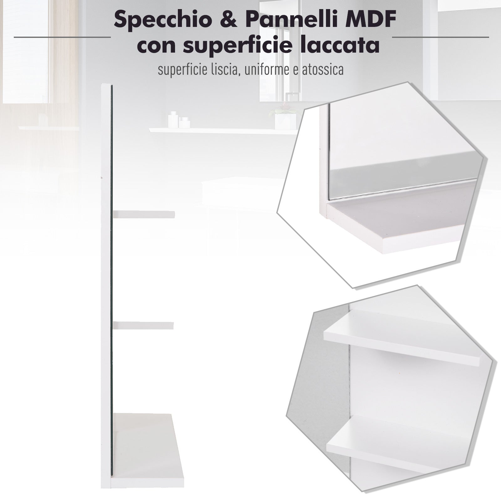 Easycomfort Mobiletto Pensile Bagno 60 x 10 x 48cm, with Specchio e 3 Ripiani, Armadietto wall-mounted in MDF white