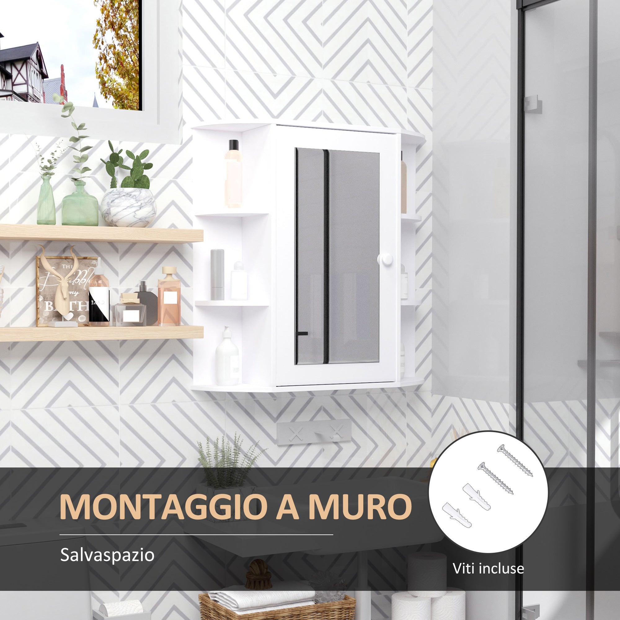 EasyComfort Mobiletto Pensile da Bagno, Armadietto Bagno with Specchio, Anta Centrale e Mensole in Legno white (60 x 17 x 63 cm)