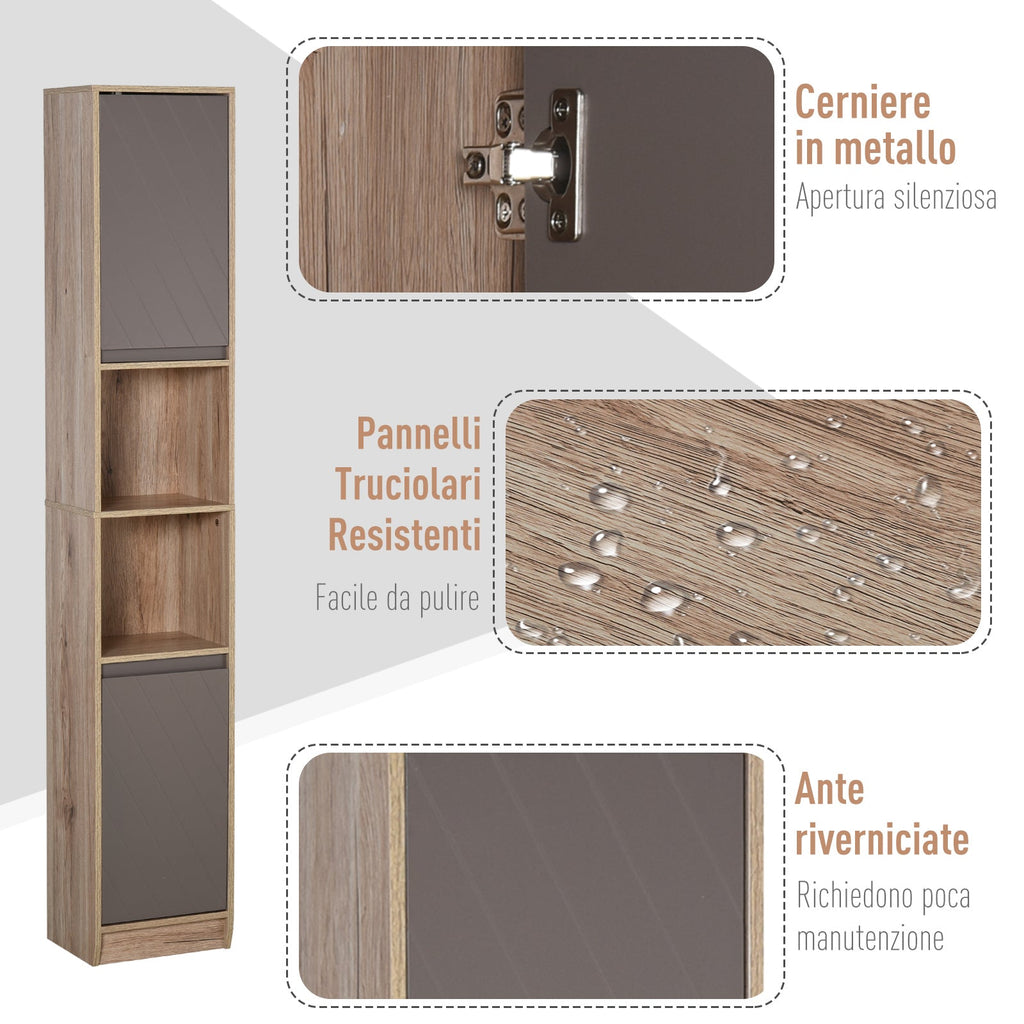EasyComfort Mobiletto Salvaspazio per Bagno in Legno, Mobile da Bagno with 2 Armadietti e 6 Ripiani, Grigio e Rovere, Design a Torre 30 x 24 x 170cm