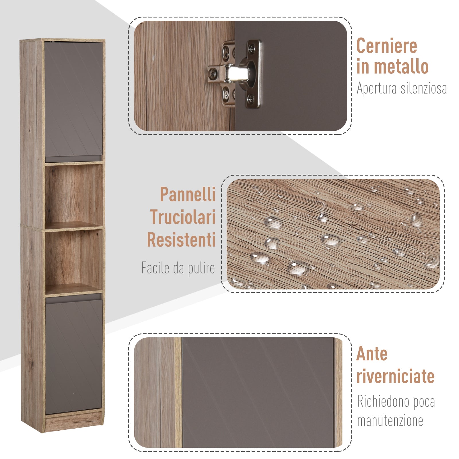 EasyComfort Mobiletto Salvaspazio per Bagno in Legno, Mobile da Bagno with 2 Armadietti e 6 Ripiani, Grigio e Rovere, Design a Torre 30 x 24 x 170cm