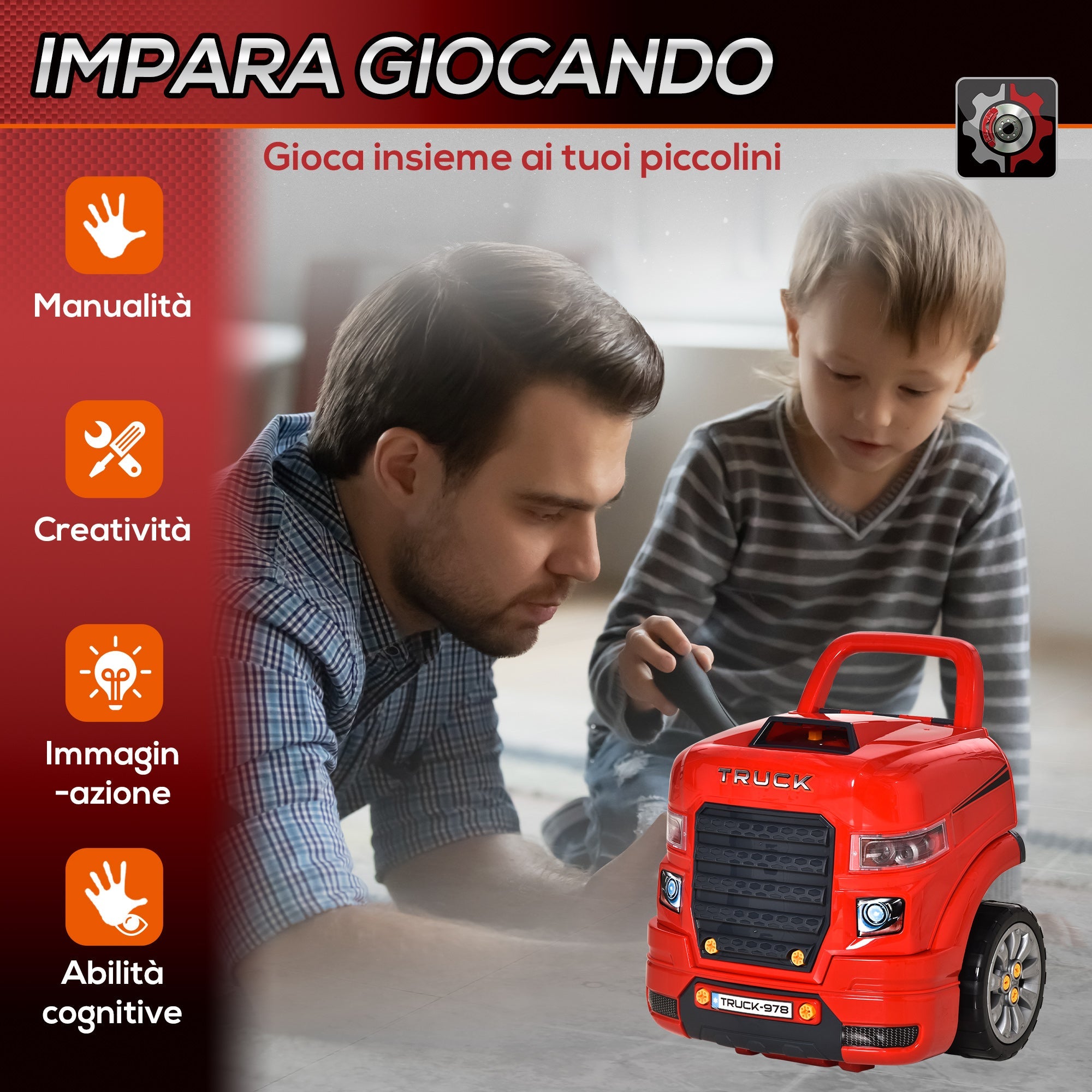 Easycomfort Officina Camion Giocattolo with Motore e 61 Accessori per Bambini 3-5 Anni, Ruote e Maniglia, 40x39x47cm, Rosso